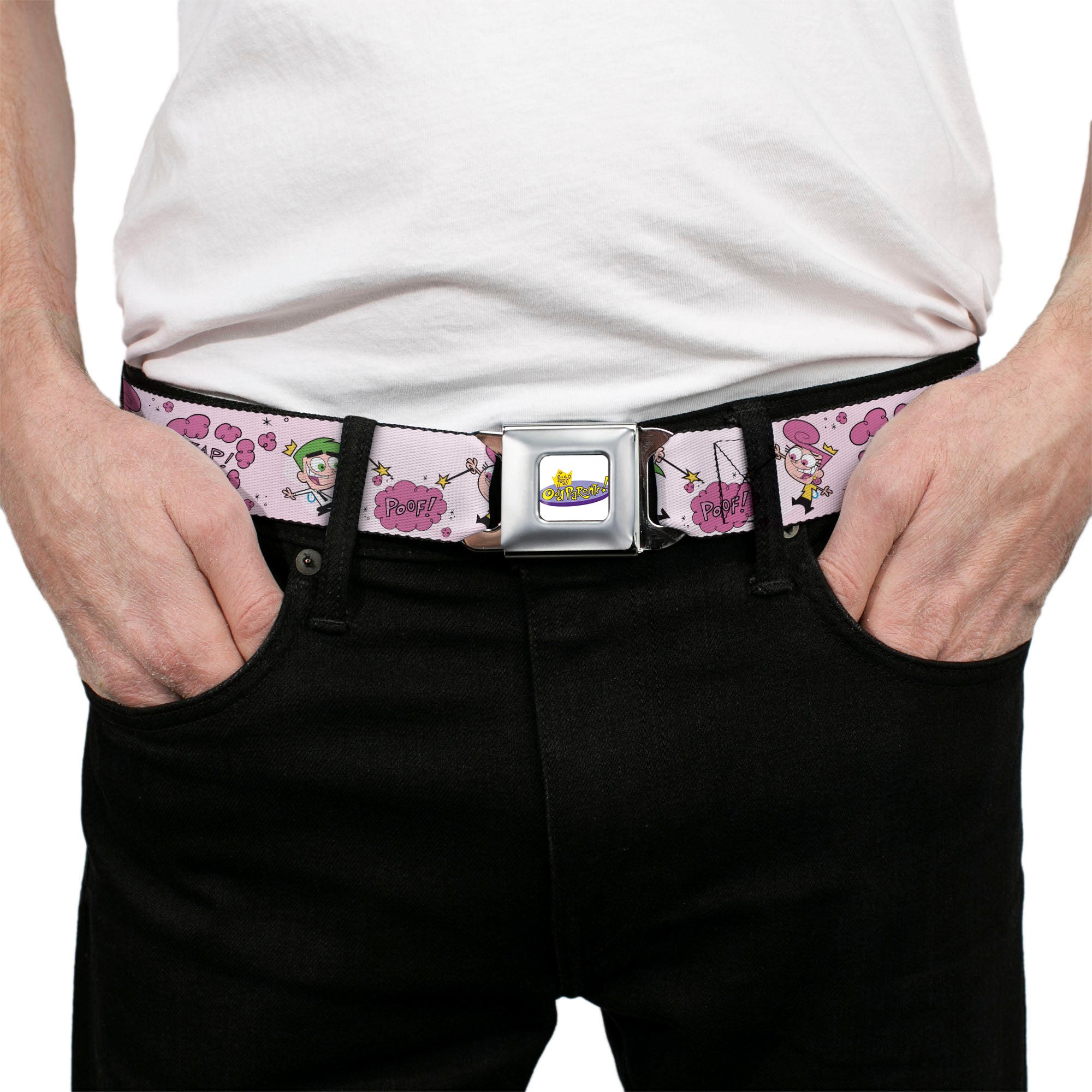 THE FAIRLY ODDPARENTS Logo Full Color White Seatbelt Belt - The Fairly OddParents Cosmo and Wanda Wish Poses Pink Webbing Seatbelt Belts The Fairly OddParents