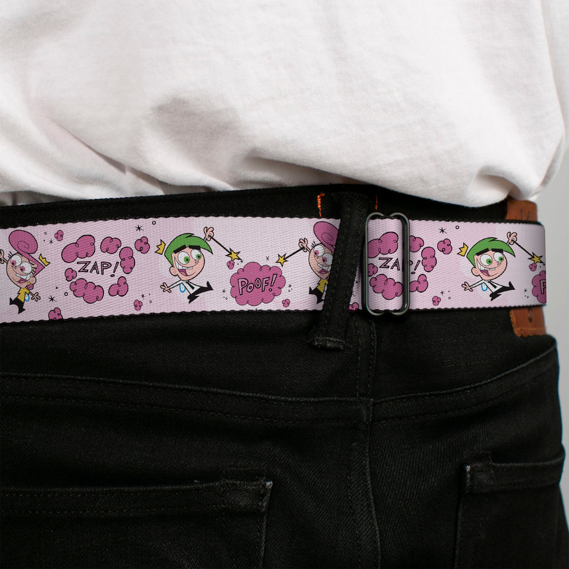 THE FAIRLY ODDPARENTS Logo Full Color White Seatbelt Belt - The Fairly OddParents Cosmo and Wanda Wish Poses Pink Webbing Seatbelt Belts The Fairly OddParents