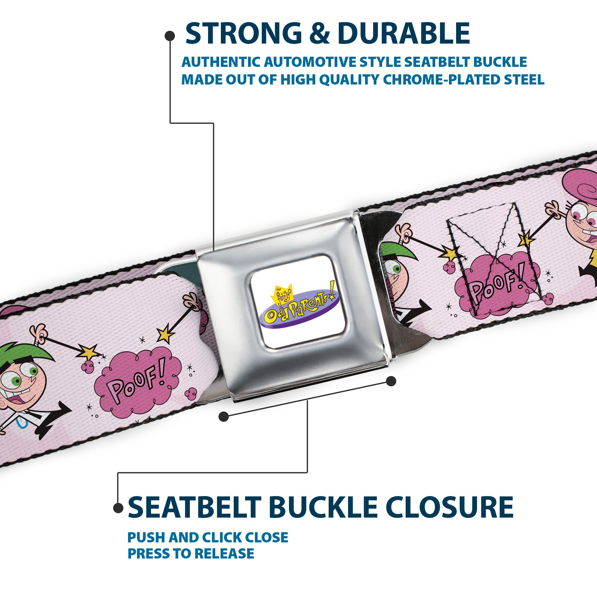 THE FAIRLY ODDPARENTS Logo Full Color White Seatbelt Belt - The Fairly OddParents Cosmo and Wanda Wish Poses Pink Webbing Seatbelt Belts The Fairly OddParents