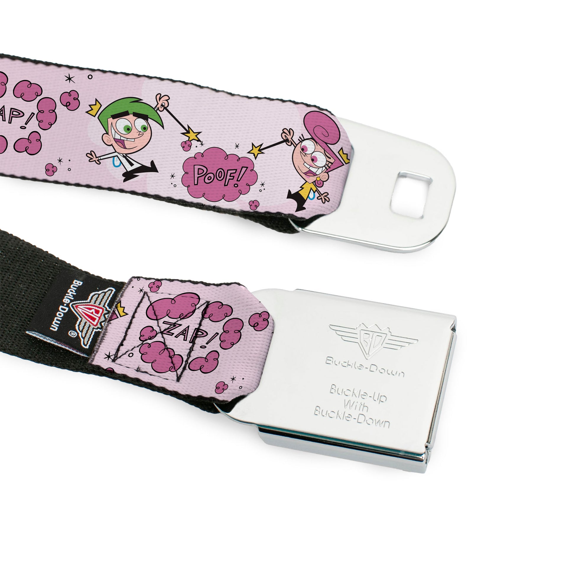THE FAIRLY ODDPARENTS Logo Full Color White Seatbelt Belt - The Fairly OddParents Cosmo and Wanda Wish Poses Pink Webbing Seatbelt Belts The Fairly OddParents