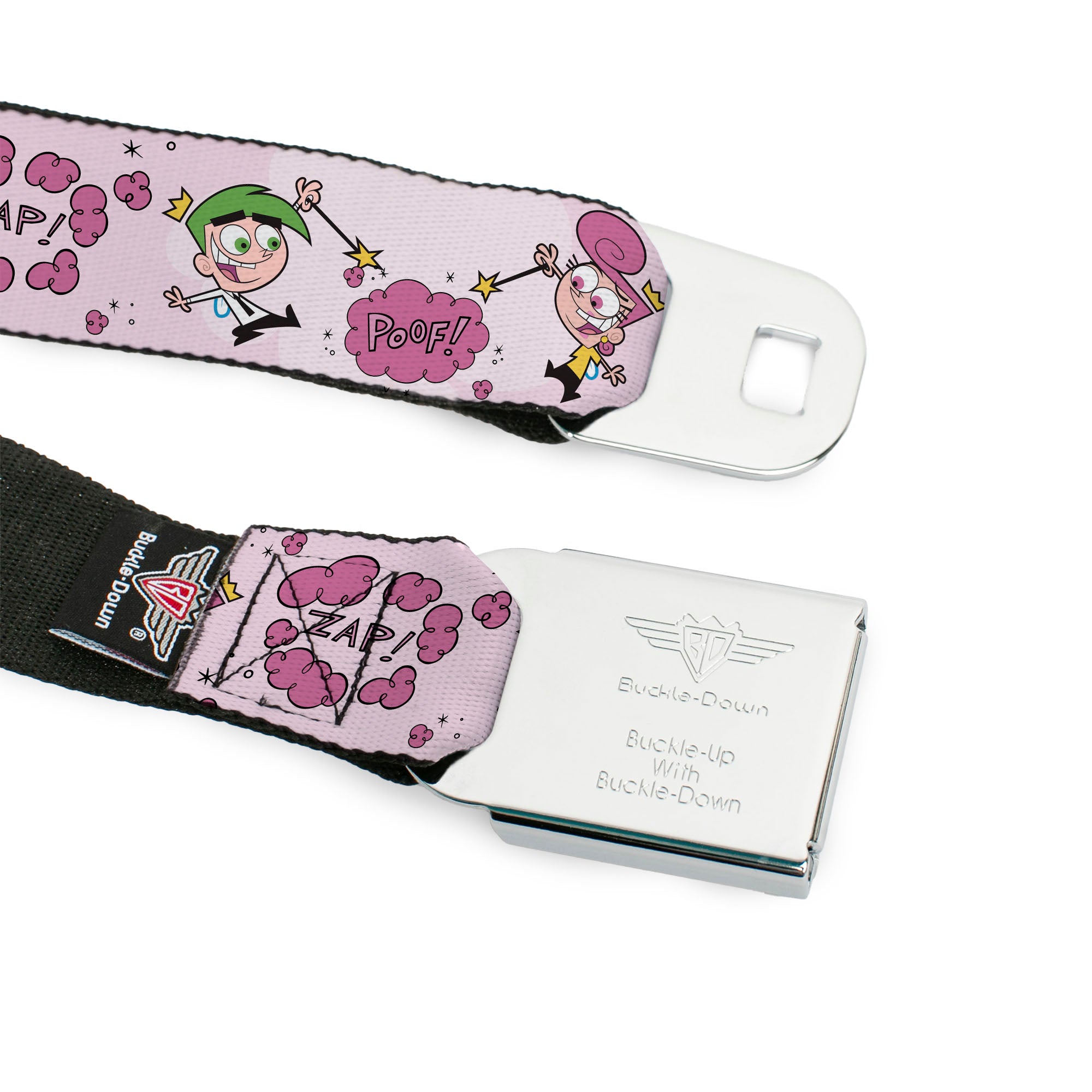 THE FAIRLY ODDPARENTS Logo Full Color White Seatbelt Belt - The Fairly OddParents Cosmo and Wanda Wish Poses Pink Webbing Seatbelt Belts The Fairly OddParents