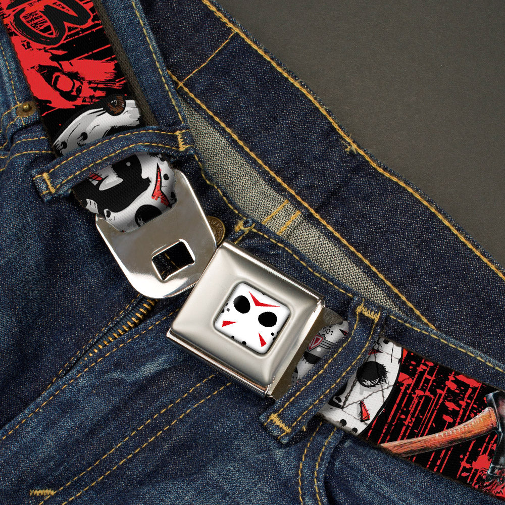 Jason Mask CLOSE-UP Full Color Black/White/Red Seatbelt Belt - FRIDAY THE 13th/Jason Mask4/Axe Blood Splatter Black/Red/White Webbing Seatbelt Belts Warner Bros. Horror Movies