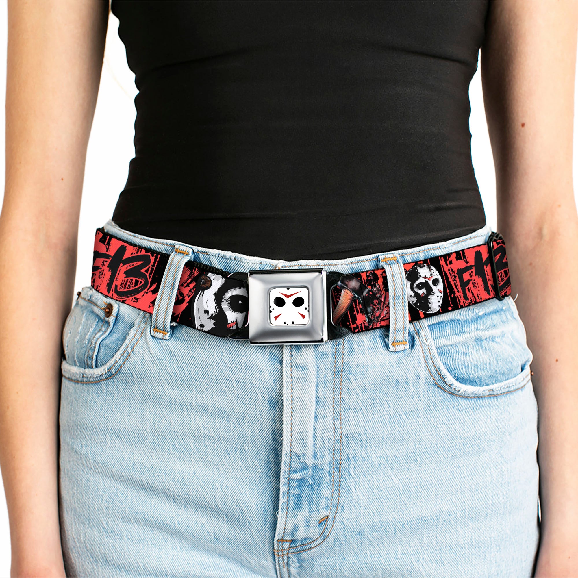Jason Mask CLOSE-UP Full Color Black/White/Red Seatbelt Belt - FRIDAY THE 13th/Jason Mask4/Axe Blood Splatter Black/Red/White Webbing Seatbelt Belts Friday the 13th
