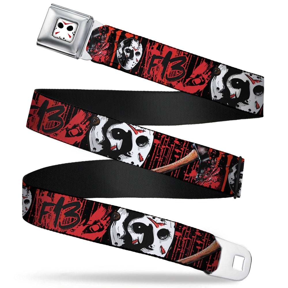 Jason Mask CLOSE-UP Full Color Black/White/Red Seatbelt Belt - FRIDAY THE 13th/Jason Mask4/Axe Blood Splatter Black/Red/White Webbing Seatbelt Belts Warner Bros. Horror Movies