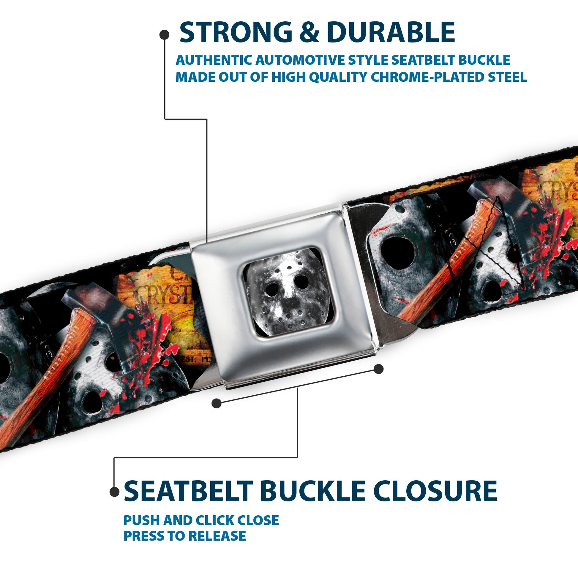 Jason Mask2 CLOSE-UP Full Color Black/Grays Seatbelt Belt - FRIDAY THE 13th/WELCOME TO CAMP CRYSTAL LAKE/Jason Mask3 Stacked/Axe Webbing Seatbelt Belts Friday the 13th