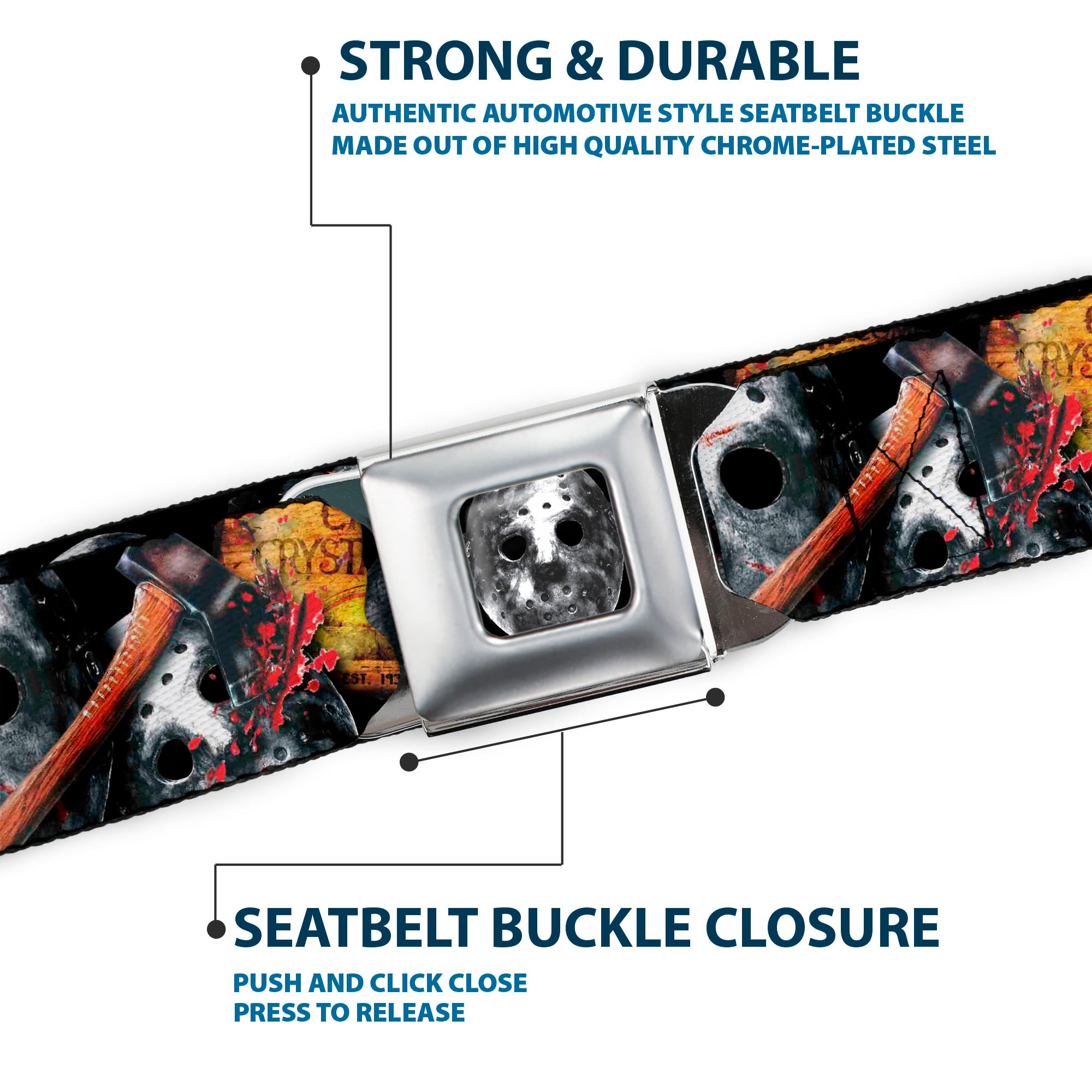 Jason Mask2 CLOSE-UP Full Color Black/Grays Seatbelt Belt - FRIDAY THE 13th/WELCOME TO CAMP CRYSTAL LAKE/Jason Mask3 Stacked/Axe Webbing Seatbelt Belts Friday the 13th