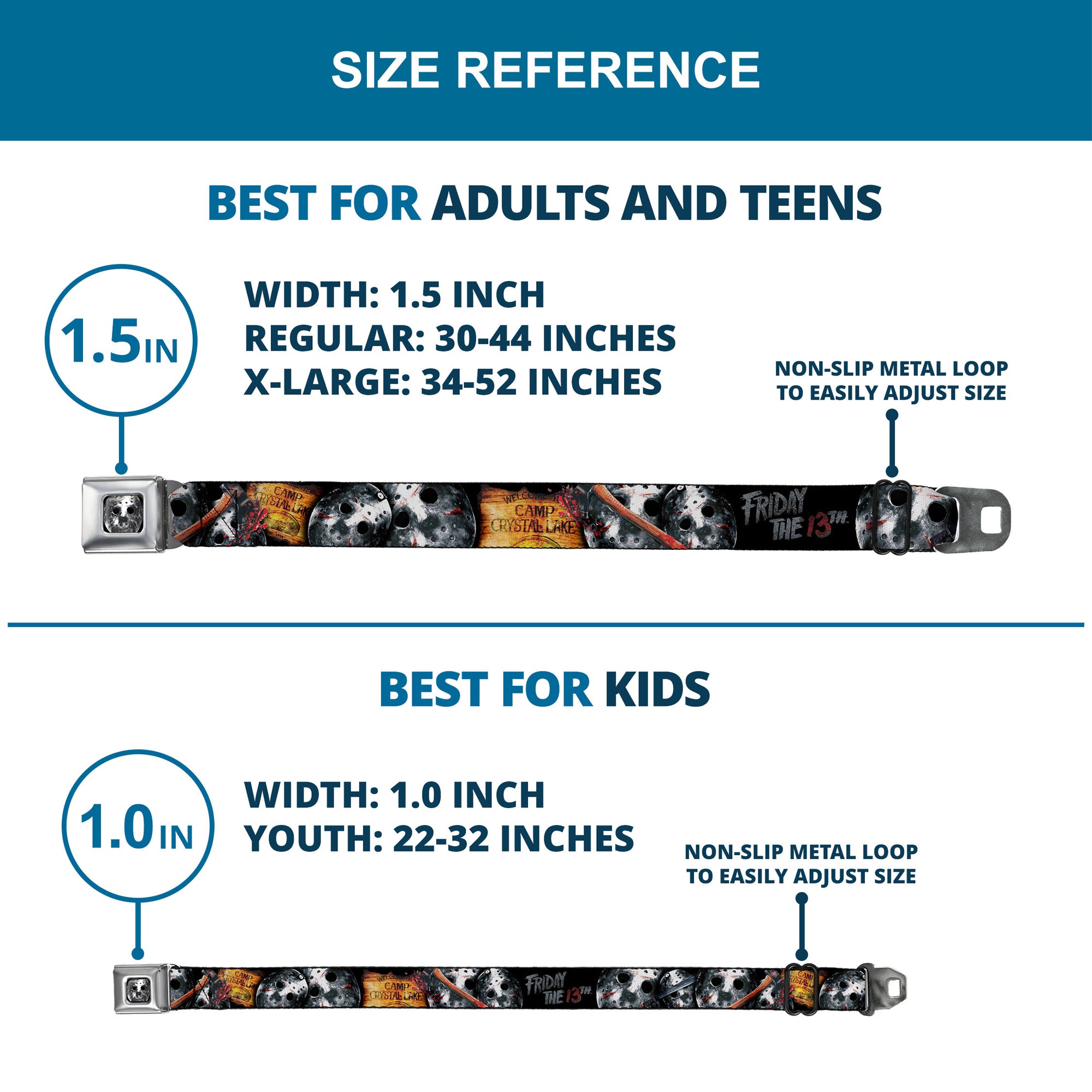 Jason Mask2 CLOSE-UP Full Color Black/Grays Seatbelt Belt - FRIDAY THE 13th/WELCOME TO CAMP CRYSTAL LAKE/Jason Mask3 Stacked/Axe Webbing Seatbelt Belts Friday the 13th