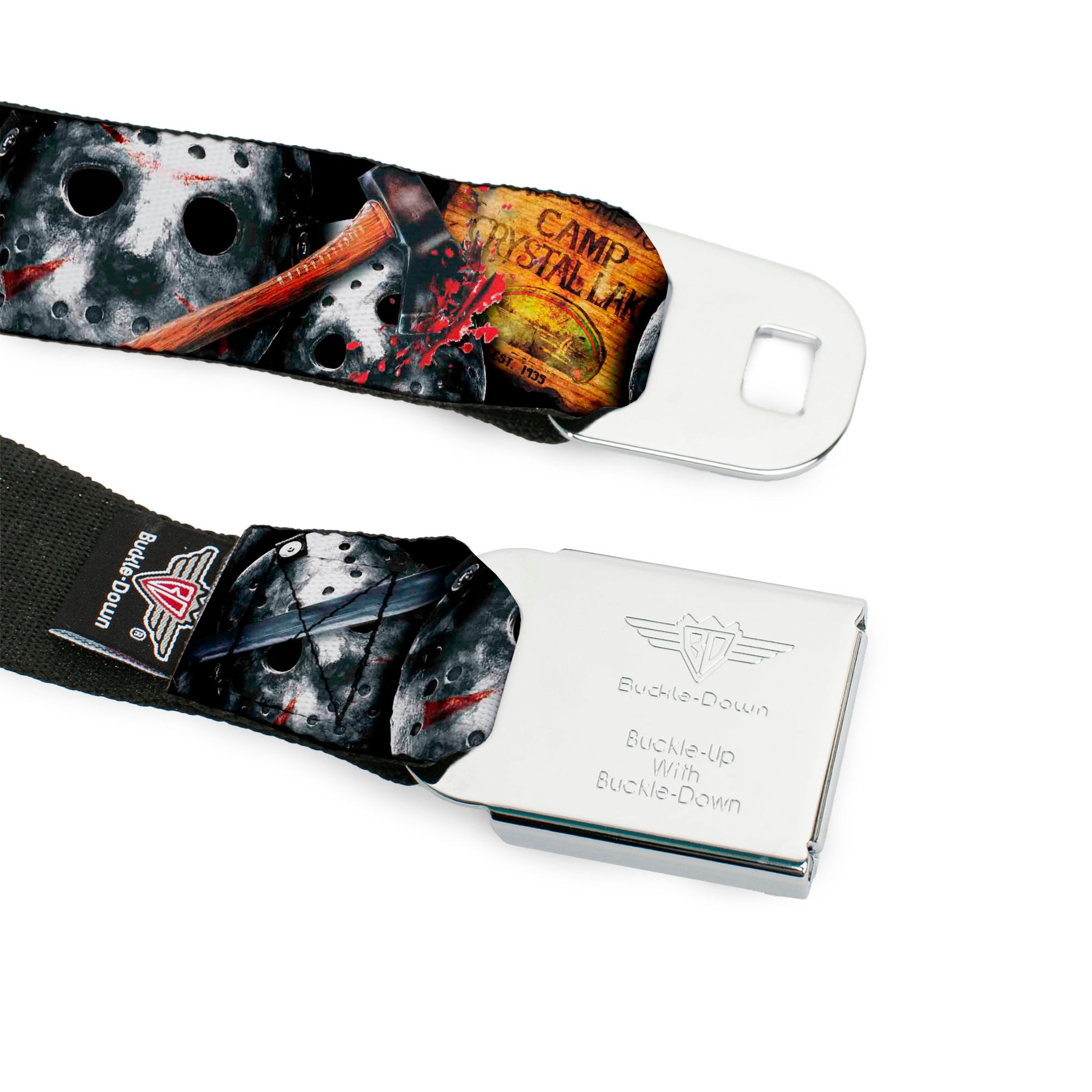 Jason Mask2 CLOSE-UP Full Color Black/Grays Seatbelt Belt - FRIDAY THE 13th/WELCOME TO CAMP CRYSTAL LAKE/Jason Mask3 Stacked/Axe Webbing Seatbelt Belts Friday the 13th