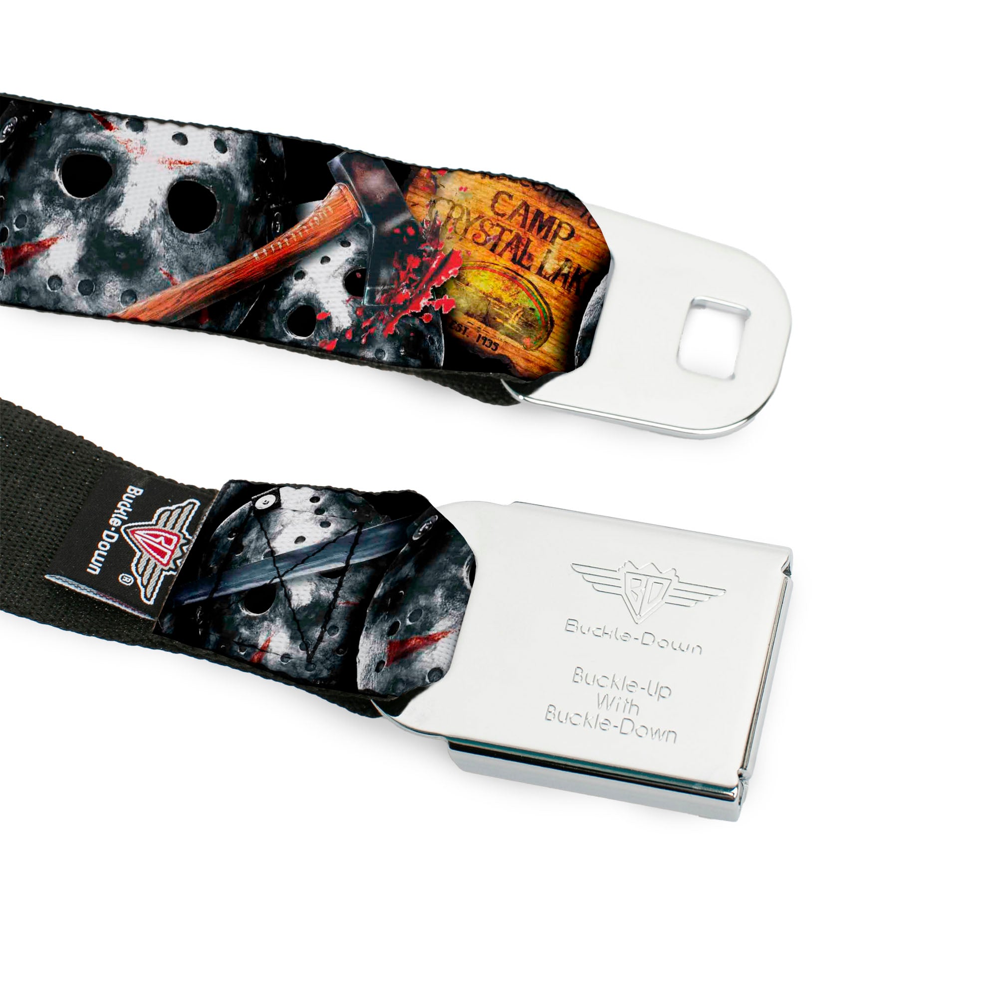 Jason Mask2 CLOSE-UP Full Color Black/Grays Seatbelt Belt - FRIDAY THE 13th/WELCOME TO CAMP CRYSTAL LAKE/Jason Mask3 Stacked/Axe Webbing Seatbelt Belts Friday the 13th