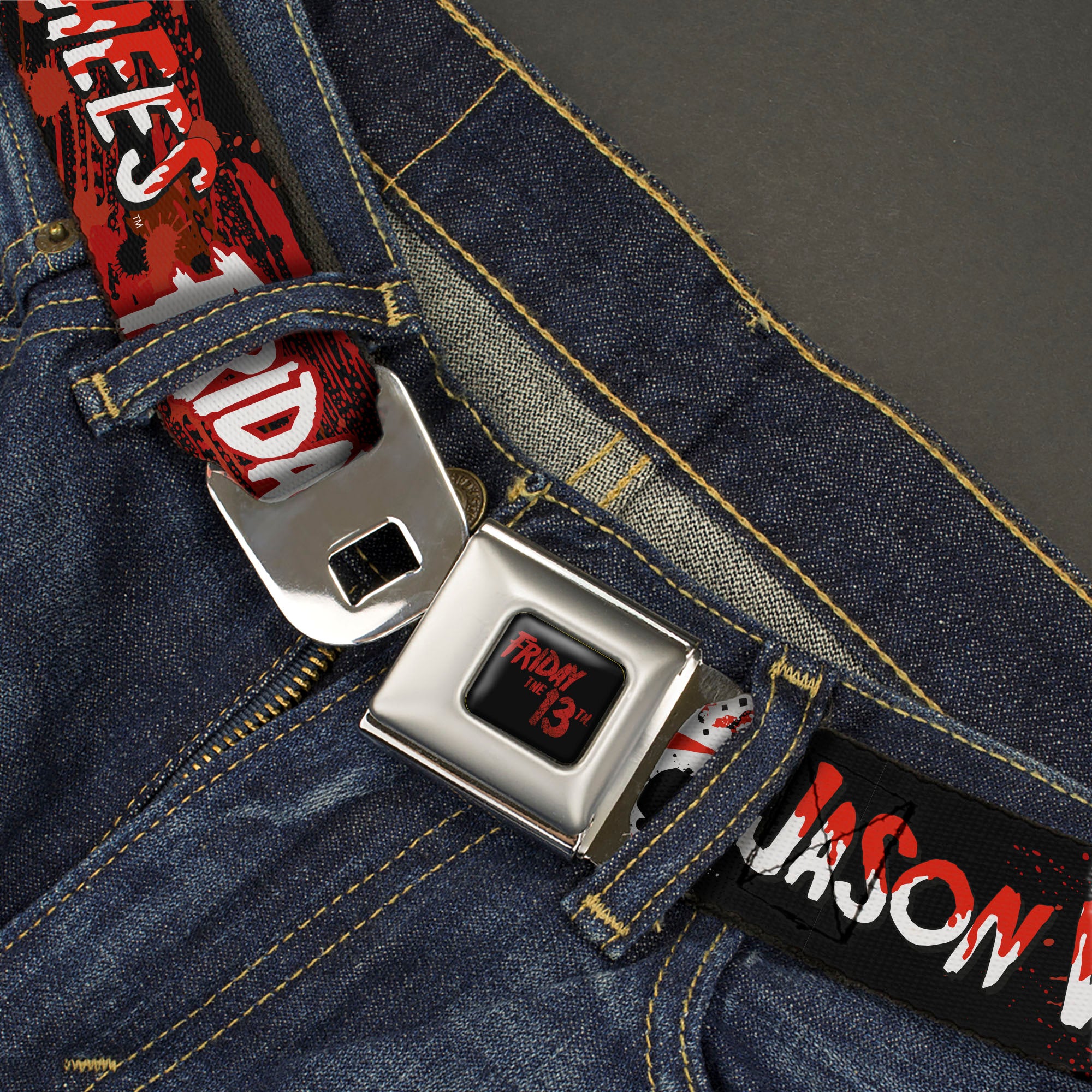 FRIDAY THE 13TH Title Logo Full Color Black/Red Seatbelt Belt - FRIDAY THE 13TH JASON VOORHIES Mask Text Black/Red/White Webbing Seatbelt Belts Friday the 13th