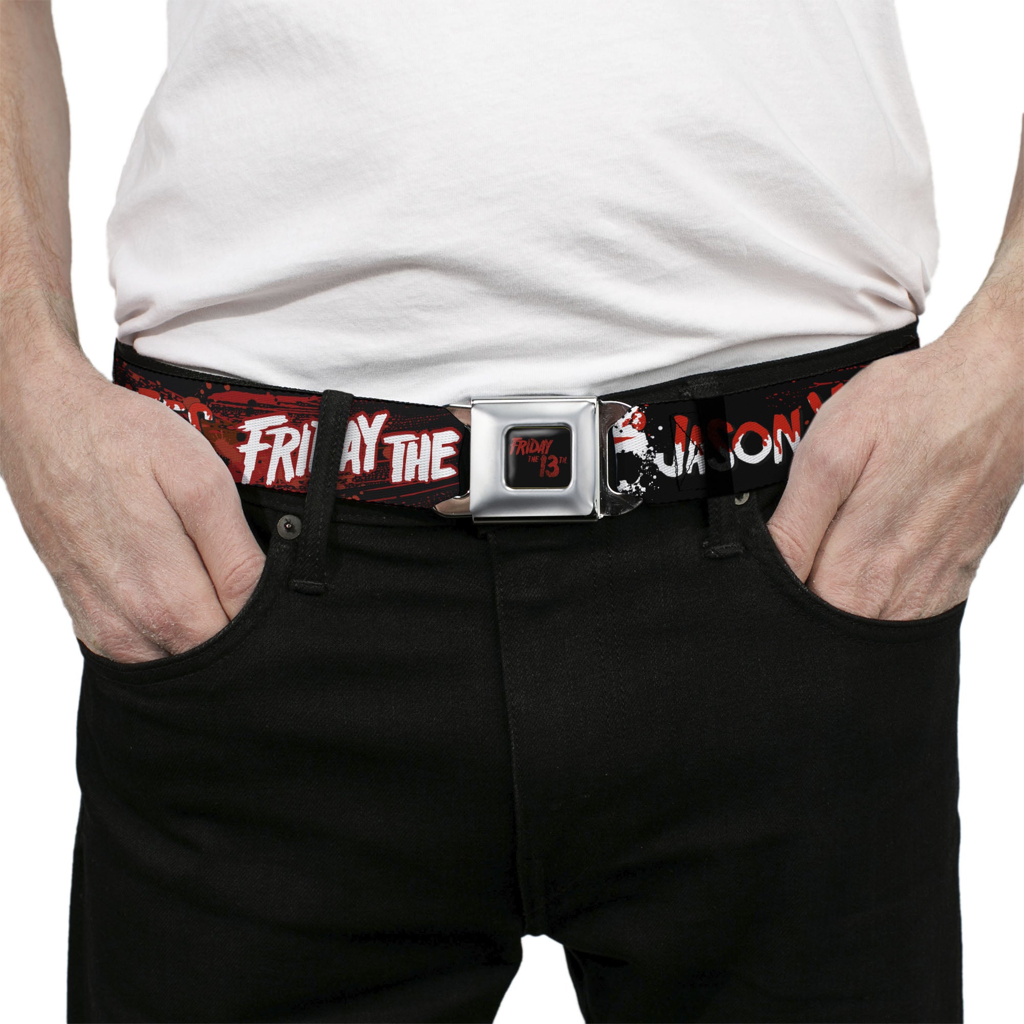 FRIDAY THE 13TH Title Logo Full Color Black/Red Seatbelt Belt - FRIDAY THE 13TH JASON VOORHIES Mask Text Black/Red/White Webbing Seatbelt Belts Friday the 13th