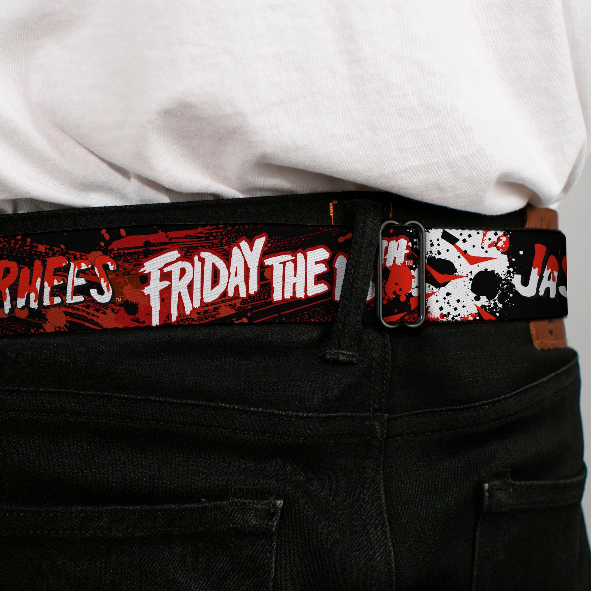 FRIDAY THE 13TH Title Logo Full Color Black/Red Seatbelt Belt - FRIDAY THE 13TH JASON VOORHIES Mask Text Black/Red/White Webbing Seatbelt Belts Friday the 13th