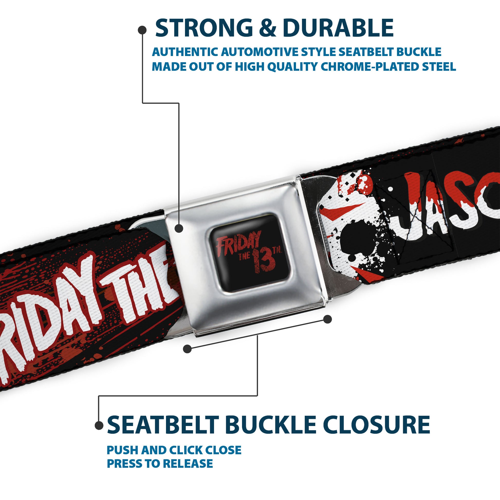 FRIDAY THE 13TH Title Logo Full Color Black/Red Seatbelt Belt - FRIDAY THE 13TH JASON VOORHIES Mask Text Black/Red/White Webbing Seatbelt Belts Friday the 13th