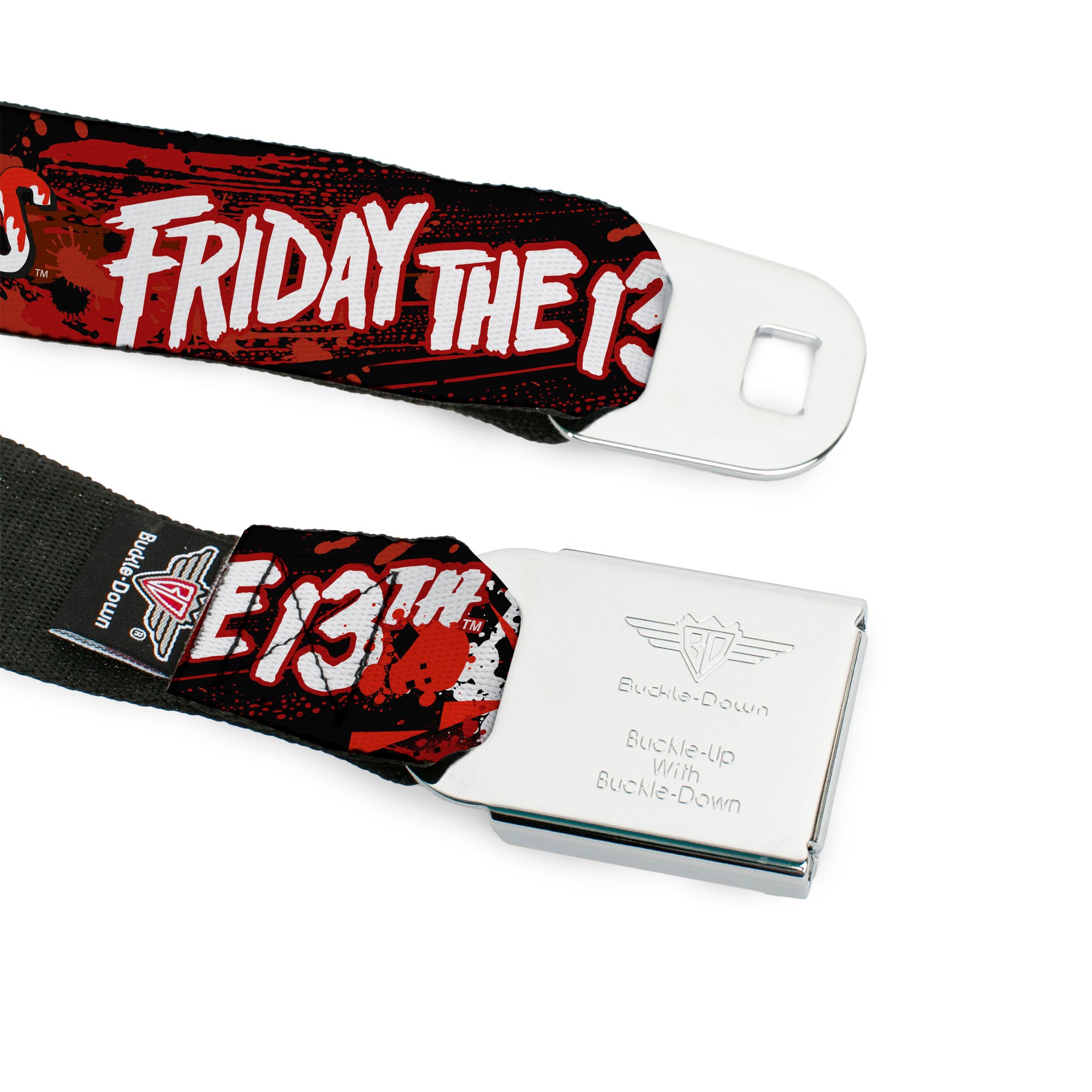 FRIDAY THE 13TH Title Logo Full Color Black/Red Seatbelt Belt - FRIDAY THE 13TH JASON VOORHIES Mask Text Black/Red/White Webbing Seatbelt Belts Friday the 13th