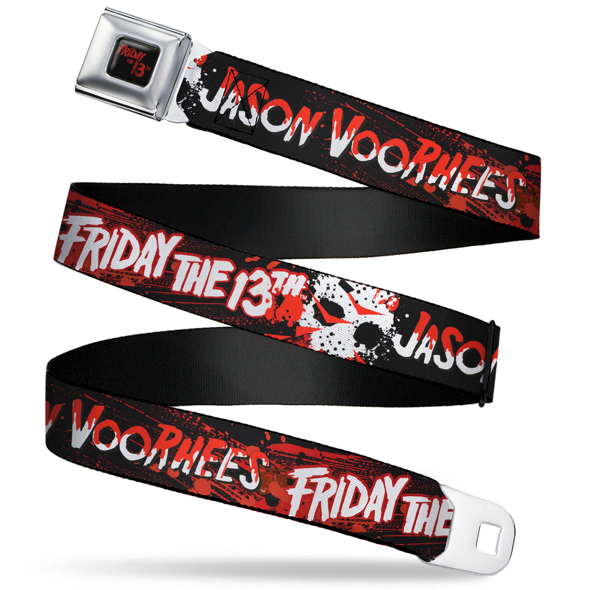 FRIDAY THE 13TH Title Logo Full Color Black/Red Seatbelt Belt - FRIDAY THE 13TH JASON VOORHIES Mask Text Black/Red/White Webbing Seatbelt Belts Friday the 13th