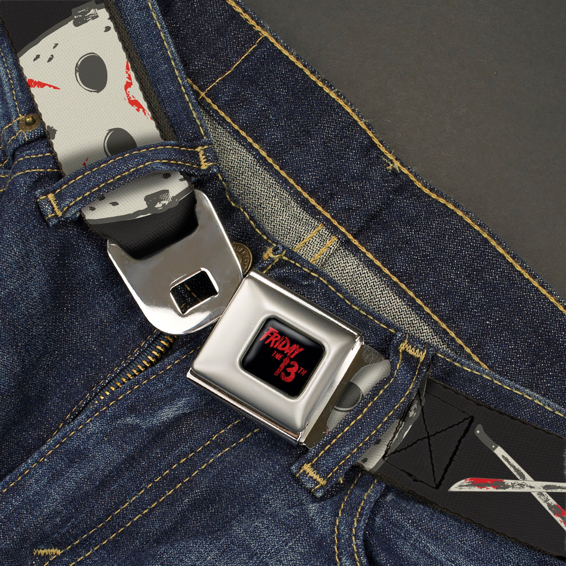 FRIDAY THE 13TH Title Logo Full Color Black/Red Seatbelt Belt - Friday the 13th JASON VOORHEES Script and Hockey Mask Black Webbing Seatbelt Belts Friday the 13th