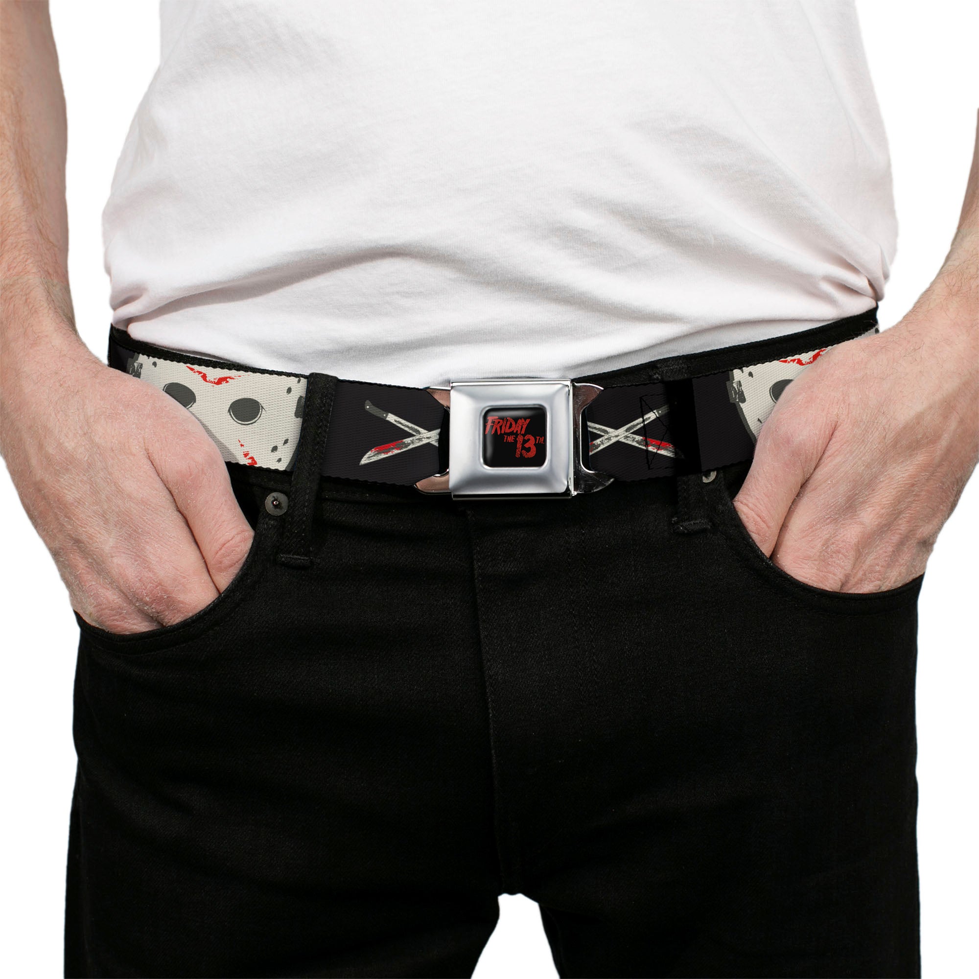 FRIDAY THE 13TH Title Logo Full Color Black/Red Seatbelt Belt - Friday the 13th JASON VOORHEES Script and Hockey Mask Black Webbing Seatbelt Belts Friday the 13th