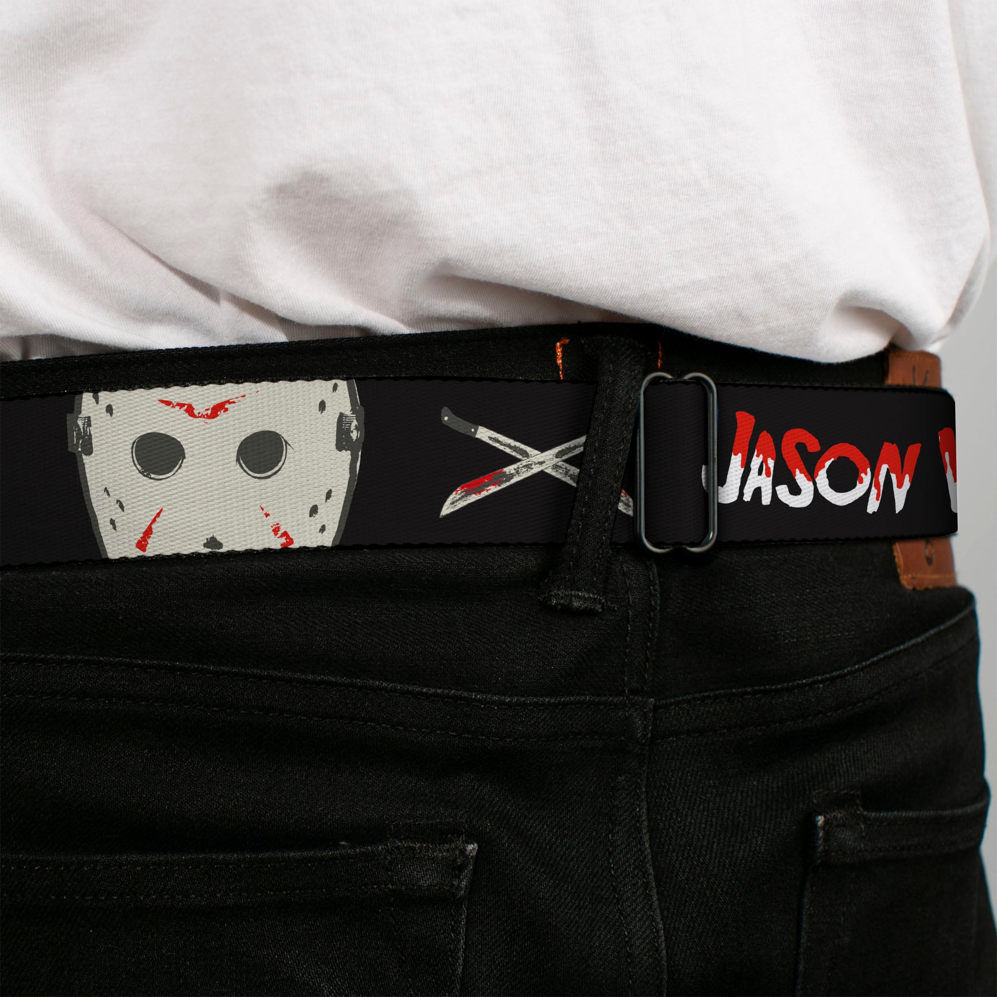 FRIDAY THE 13TH Title Logo Full Color Black/Red Seatbelt Belt - Friday the 13th JASON VOORHEES Script and Hockey Mask Black Webbing Seatbelt Belts Friday the 13th