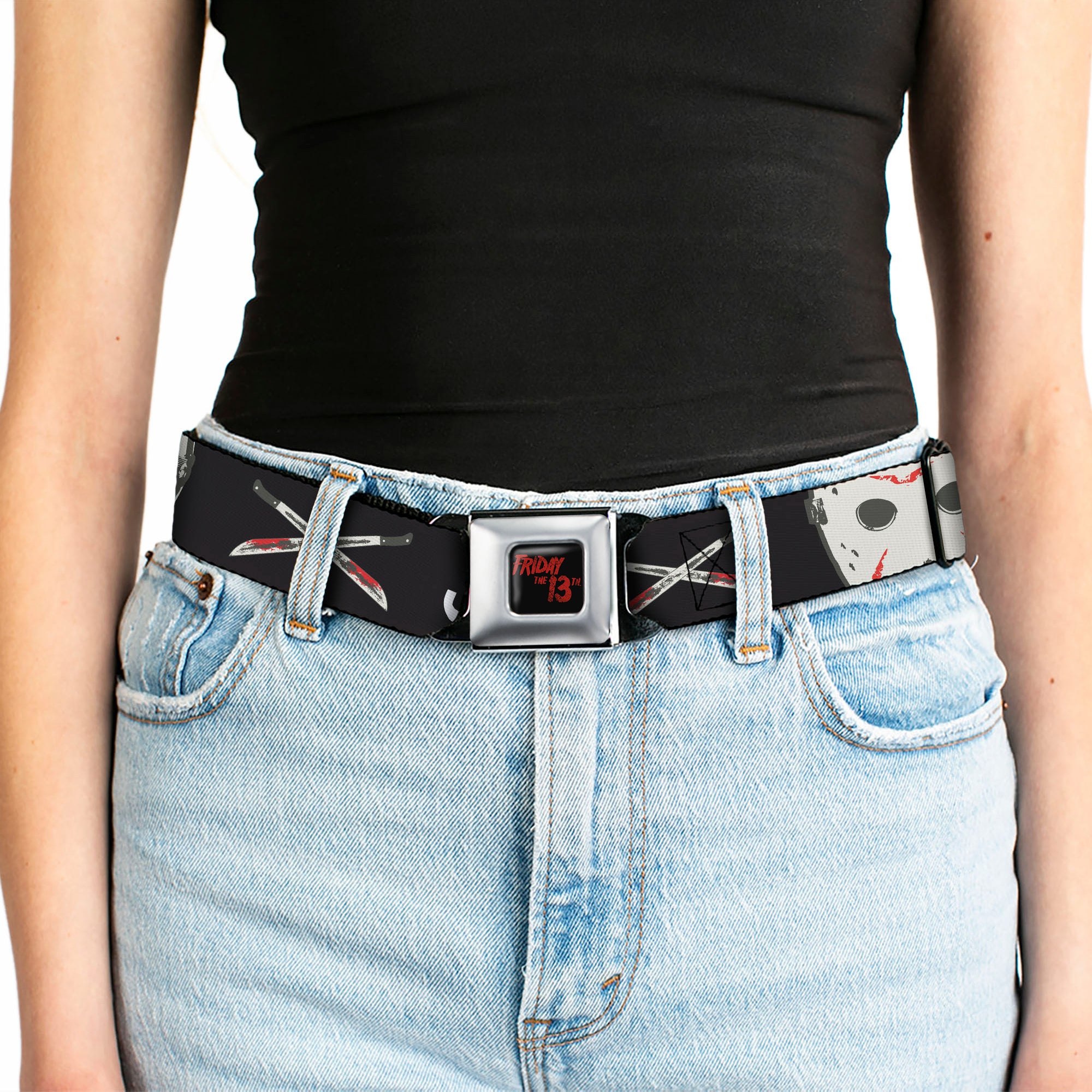 FRIDAY THE 13TH Title Logo Full Color Black/Red Seatbelt Belt - Friday the 13th JASON VOORHEES Script and Hockey Mask Black Webbing Seatbelt Belts Friday the 13th