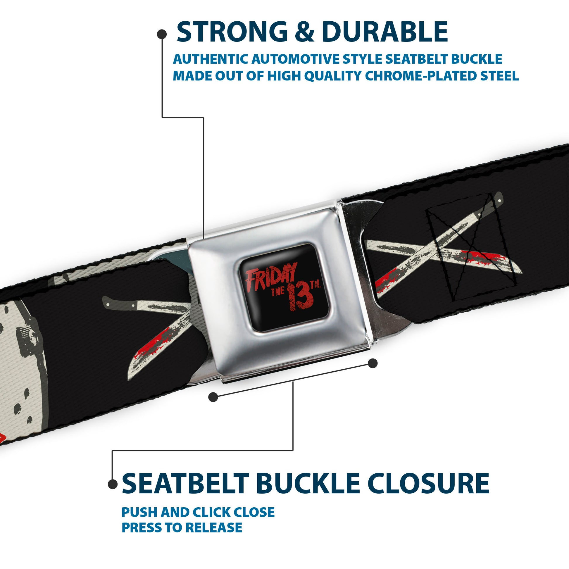 FRIDAY THE 13TH Title Logo Full Color Black/Red Seatbelt Belt - Friday the 13th JASON VOORHEES Script and Hockey Mask Black Webbing Seatbelt Belts Friday the 13th