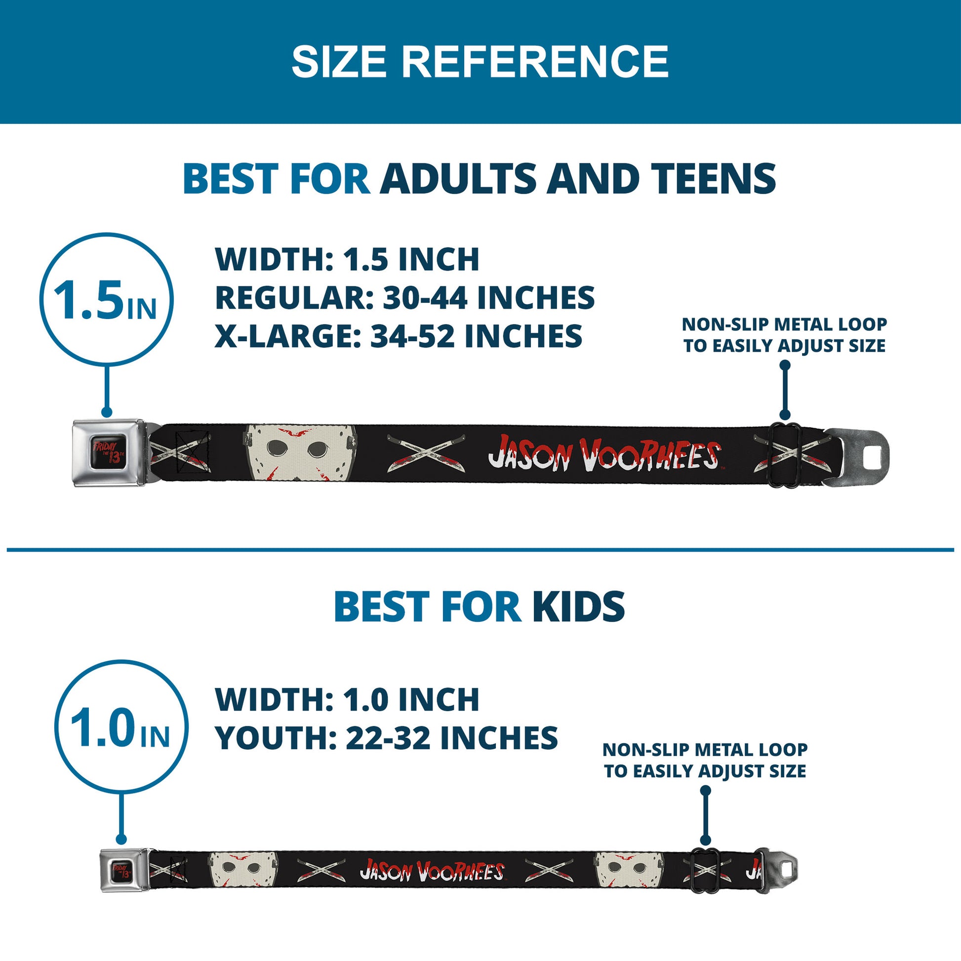 FRIDAY THE 13TH Title Logo Full Color Black/Red Seatbelt Belt - Friday the 13th JASON VOORHEES Script and Hockey Mask Black Webbing Seatbelt Belts Friday the 13th