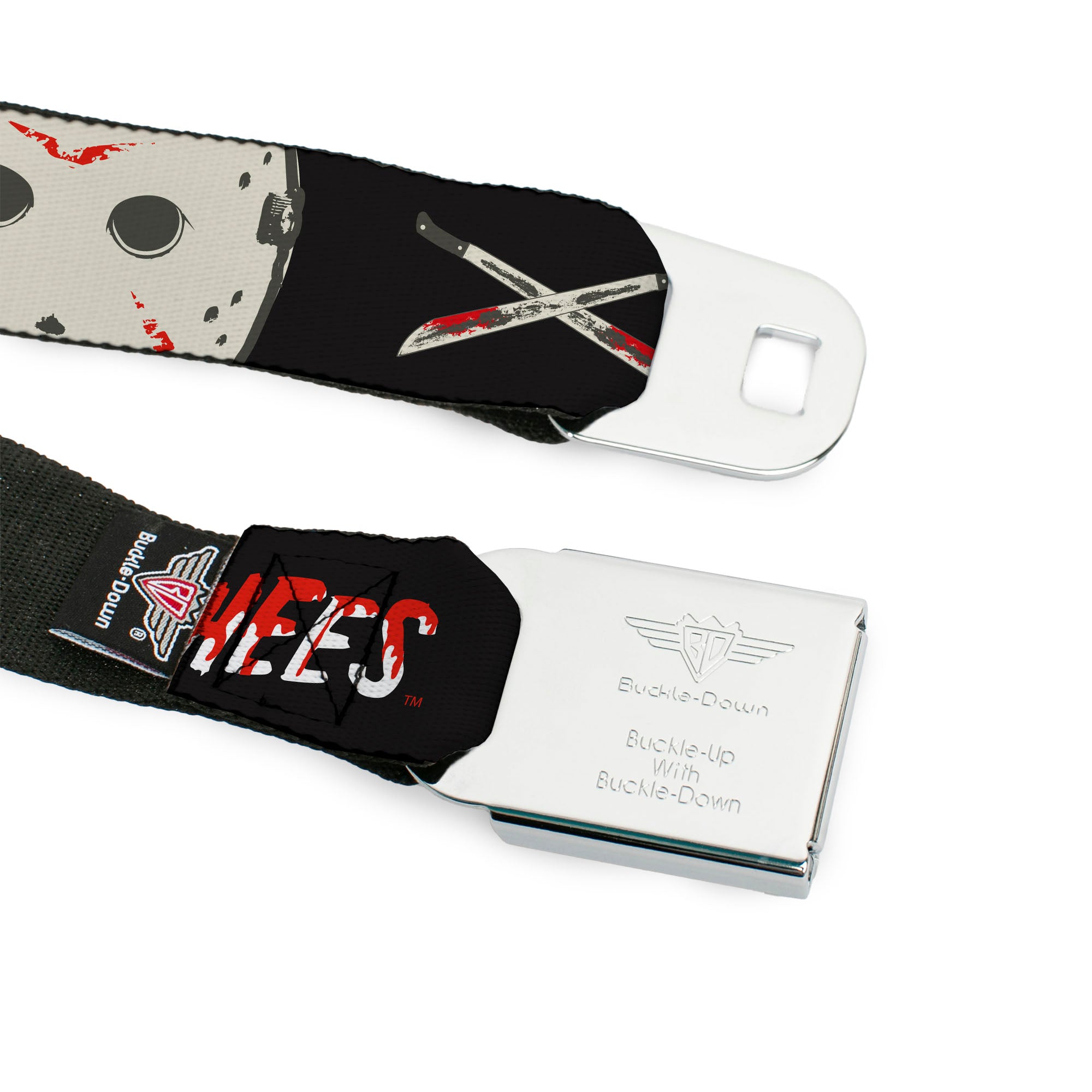 FRIDAY THE 13TH Title Logo Full Color Black/Red Seatbelt Belt - Friday the 13th JASON VOORHEES Script and Hockey Mask Black Webbing Seatbelt Belts Friday the 13th