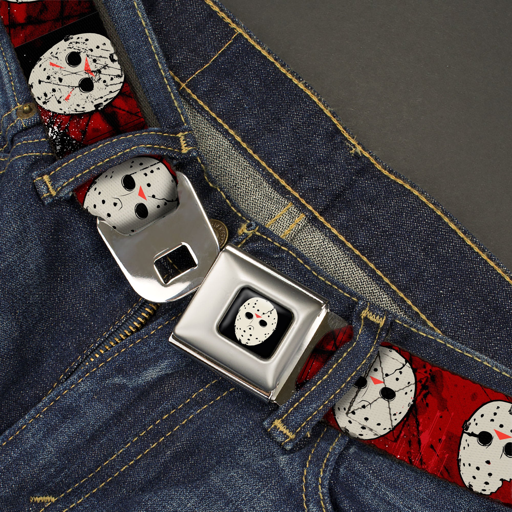 Friday the 13th Hockey Mask Icon Full Color Black Seatbelt Belt - Friday the 13th Hockey Mask Icons Reds Webbing Seatbelt Belts Friday the 13th