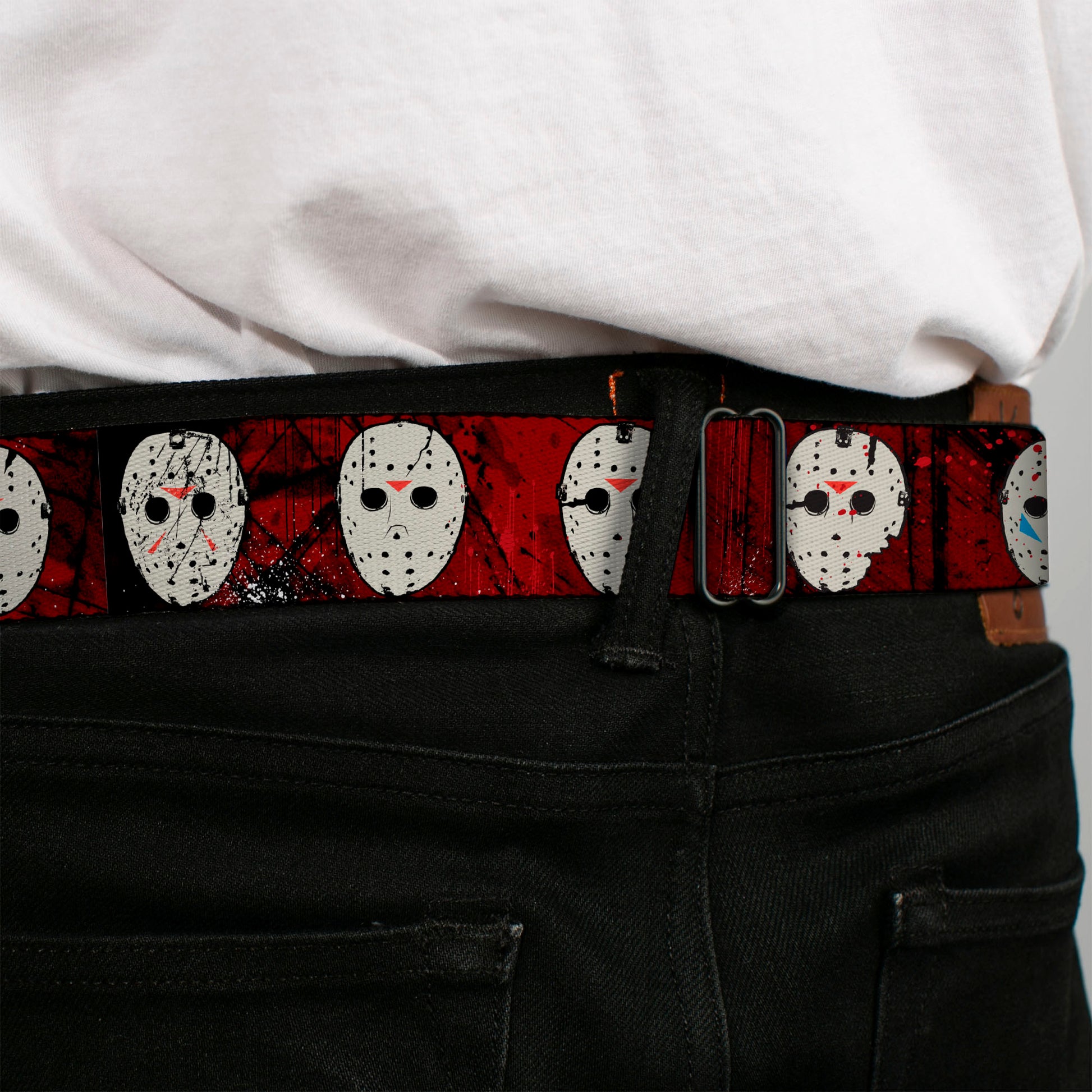 Friday the 13th Hockey Mask Icon Full Color Black Seatbelt Belt - Friday the 13th Hockey Mask Icons Reds Webbing Seatbelt Belts Friday the 13th