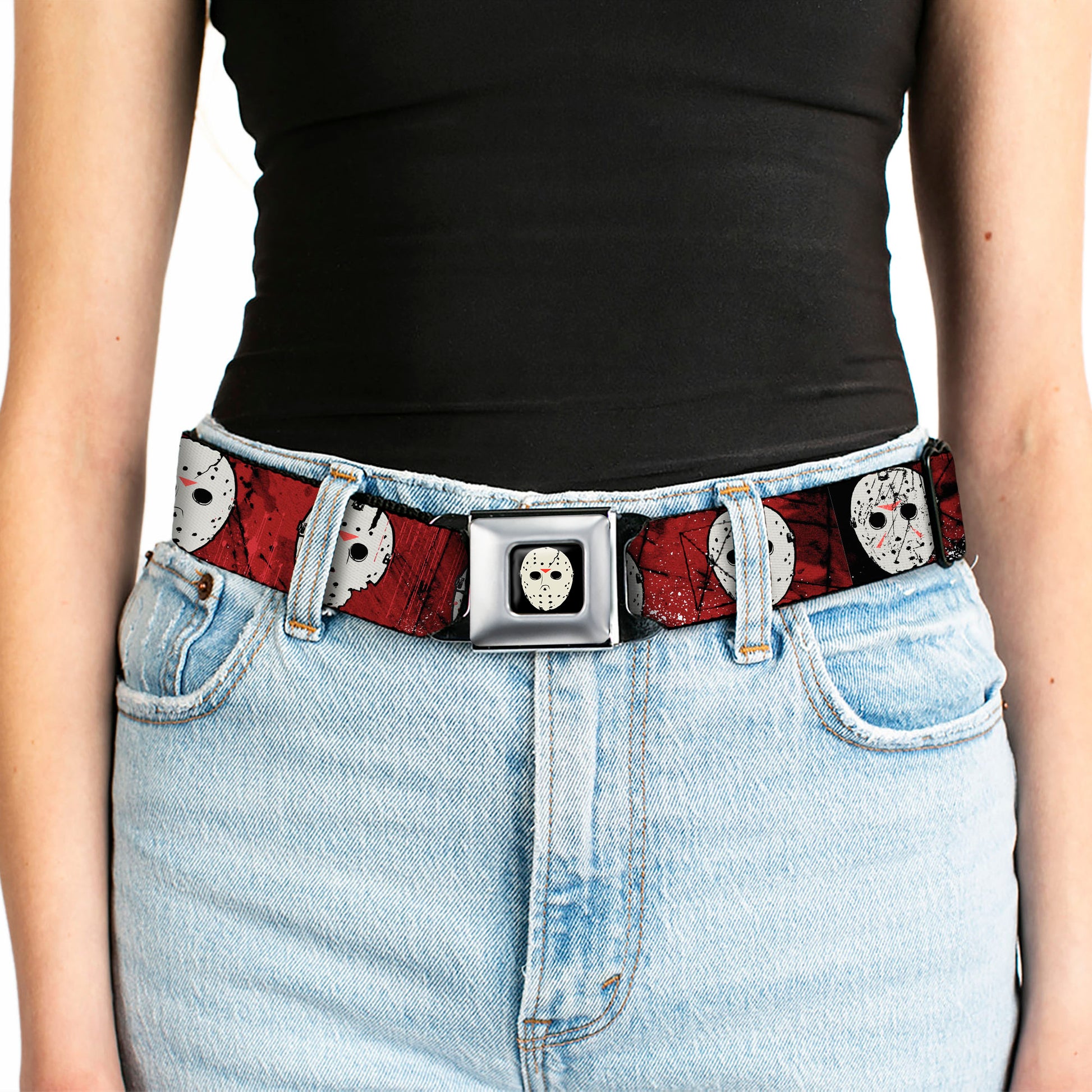 Friday the 13th Hockey Mask Icon Full Color Black Seatbelt Belt - Friday the 13th Hockey Mask Icons Reds Webbing Seatbelt Belts Friday the 13th