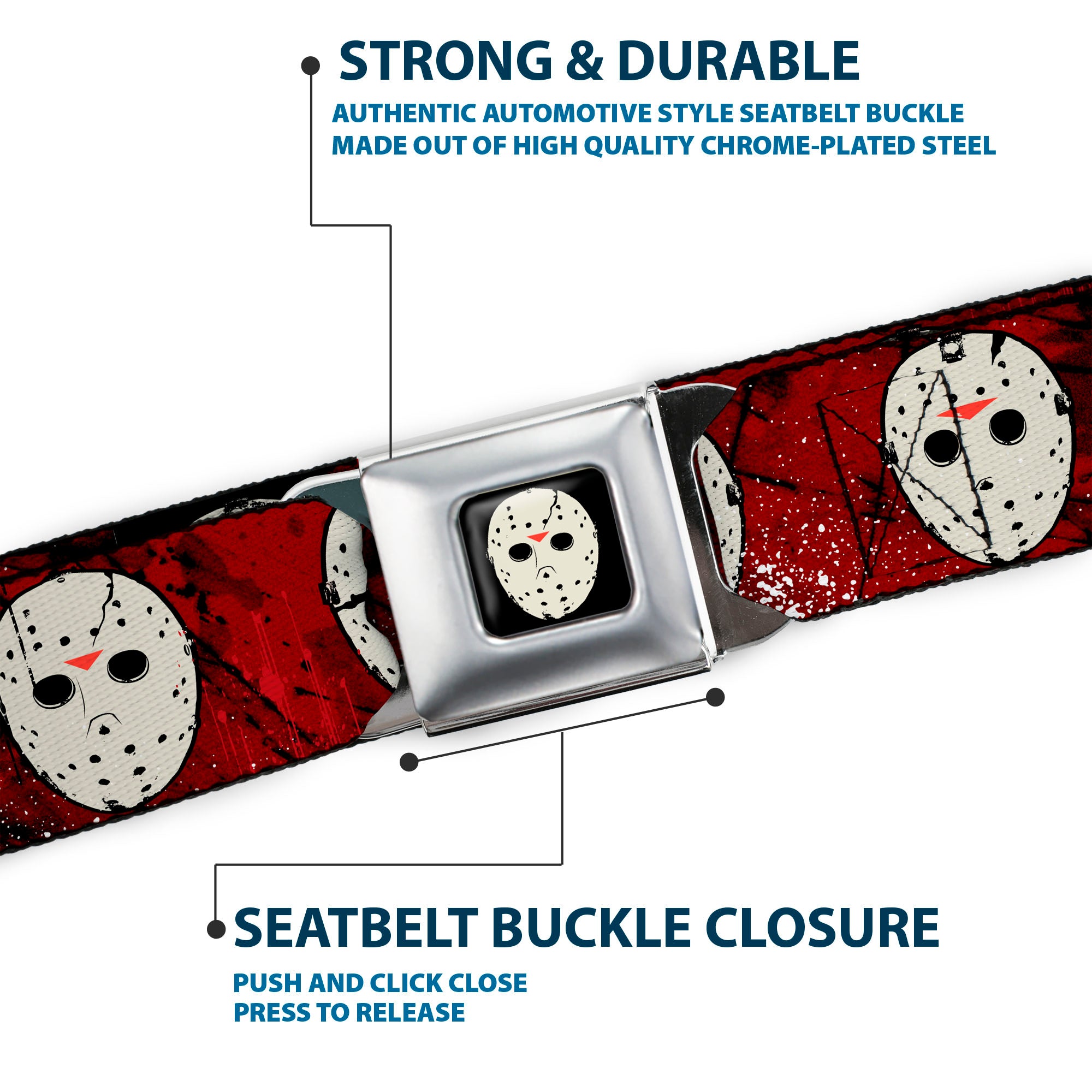 Friday the 13th Hockey Mask Icon Full Color Black Seatbelt Belt - Friday the 13th Hockey Mask Icons Reds Webbing Seatbelt Belts Friday the 13th