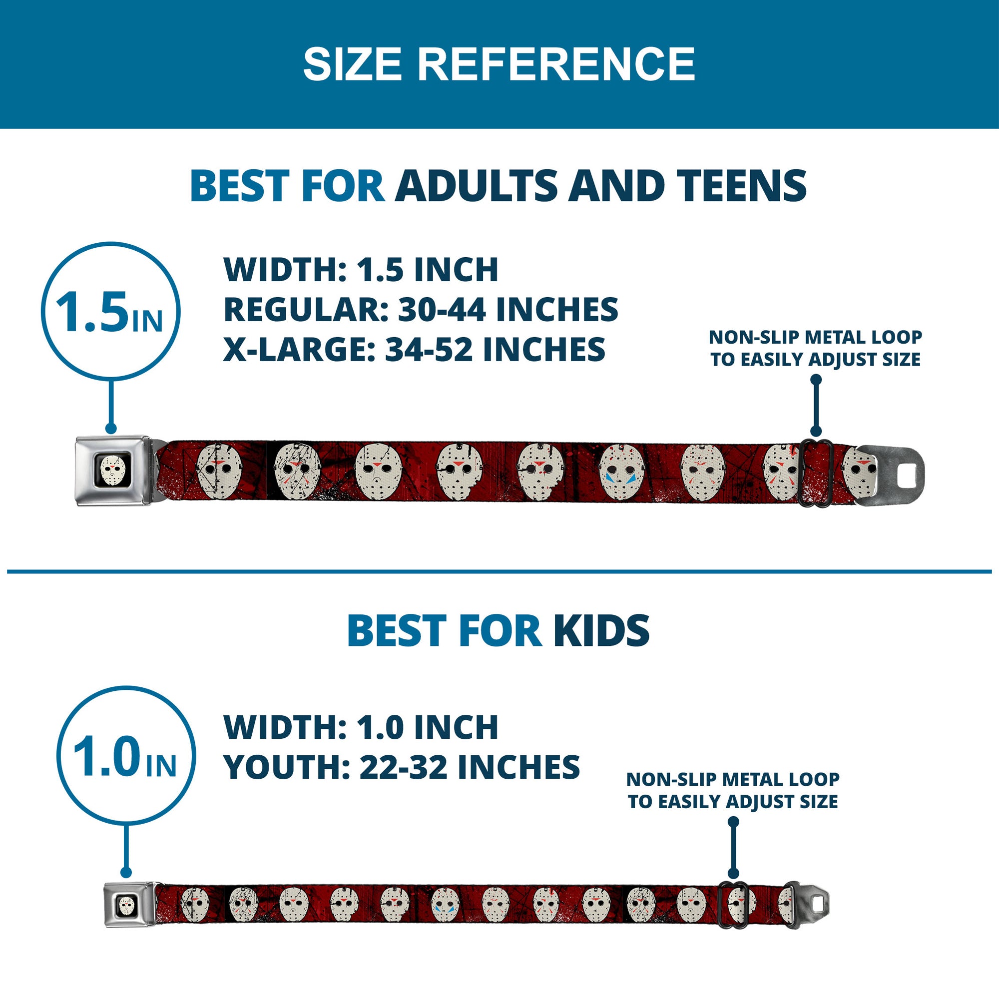 Friday the 13th Hockey Mask Icon Full Color Black Seatbelt Belt - Friday the 13th Hockey Mask Icons Reds Webbing Seatbelt Belts Friday the 13th