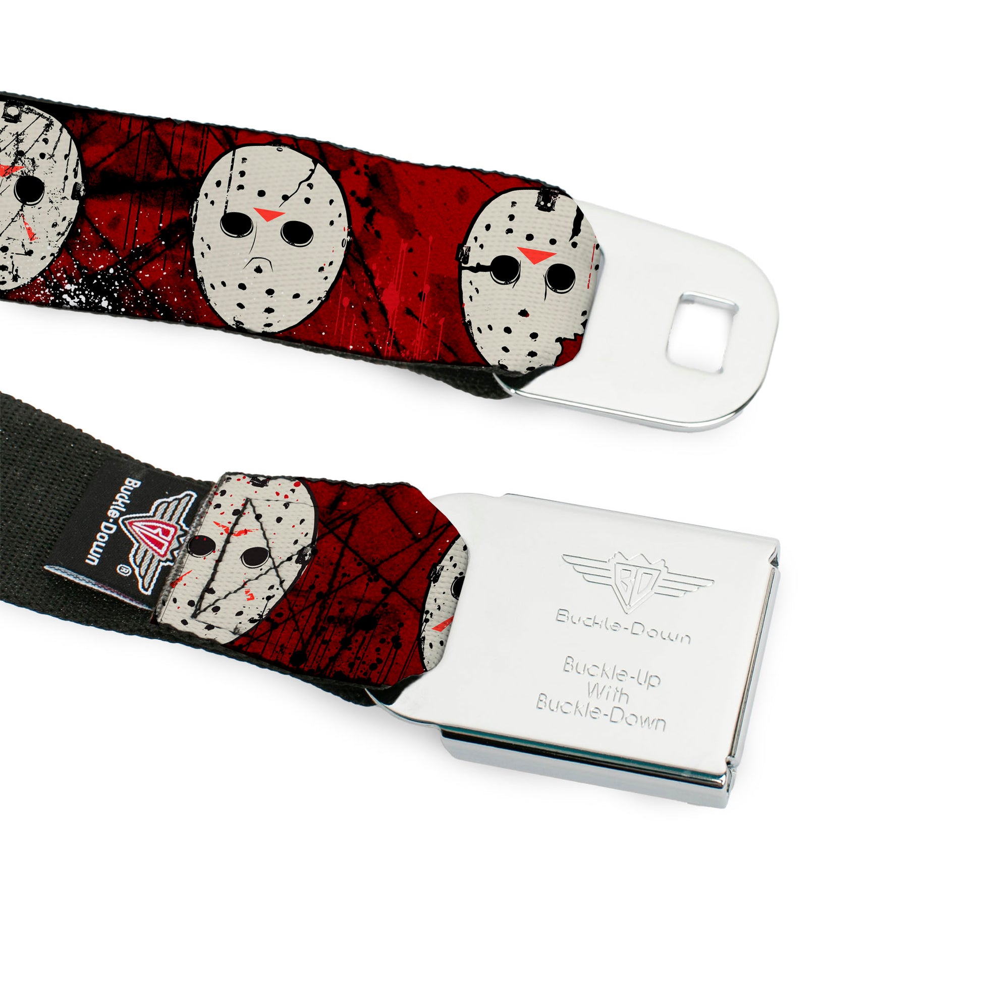 Friday the 13th Hockey Mask Icon Full Color Black Seatbelt Belt - Friday the 13th Hockey Mask Icons Reds Webbing Seatbelt Belts Friday the 13th