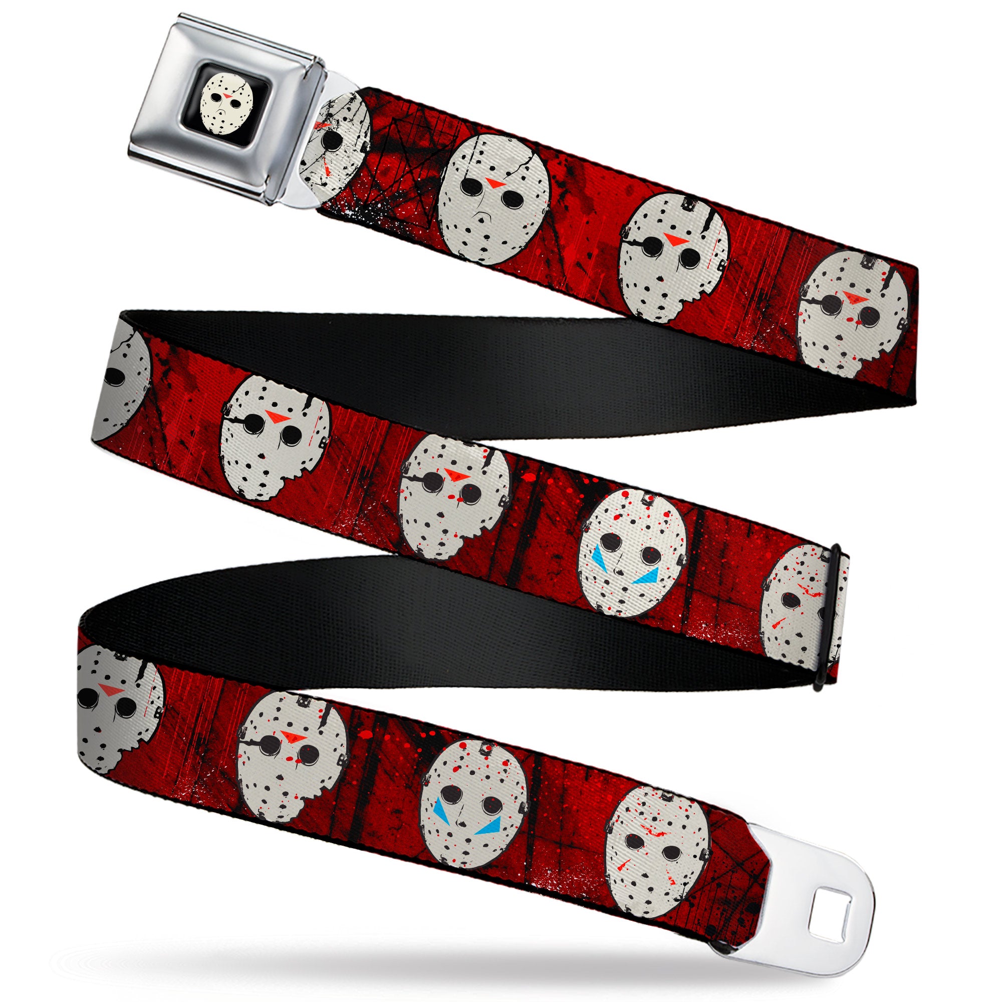Friday the 13th Hockey Mask Icon Full Color Black Seatbelt Belt - Friday the 13th Hockey Mask Icons Reds Webbing Seatbelt Belts Friday the 13th