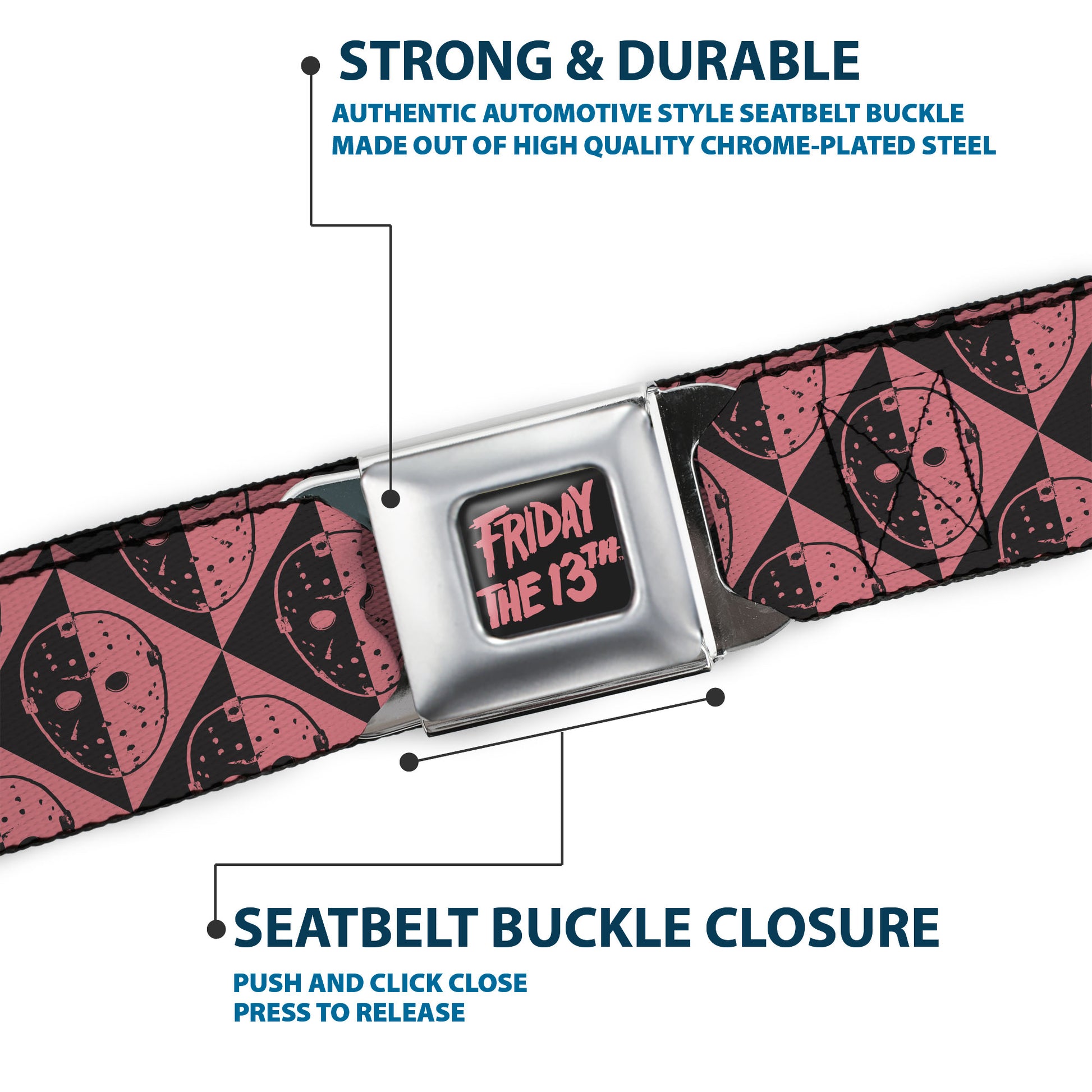 FRIDAY THE 13TH Title Logo Full Color Black/Red Seatbelt Belt - Friday the 13th Jason Mask Diamond Split Black/Red Webbing Seatbelt Belts Friday the 13th