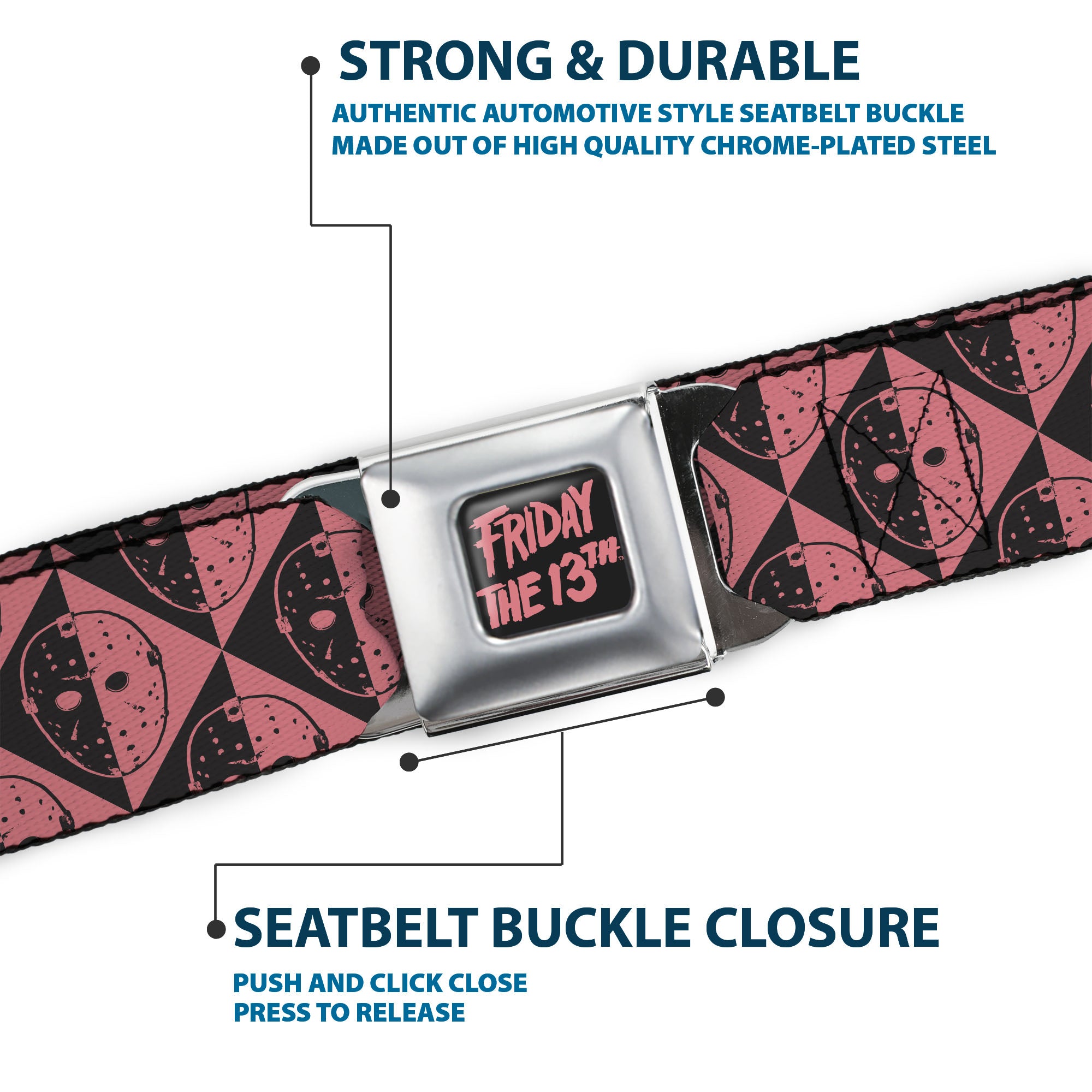 FRIDAY THE 13TH Title Logo Full Color Black/Red Seatbelt Belt - Friday the 13th Jason Mask Diamond Split Black/Red Webbing Seatbelt Belts Friday the 13th