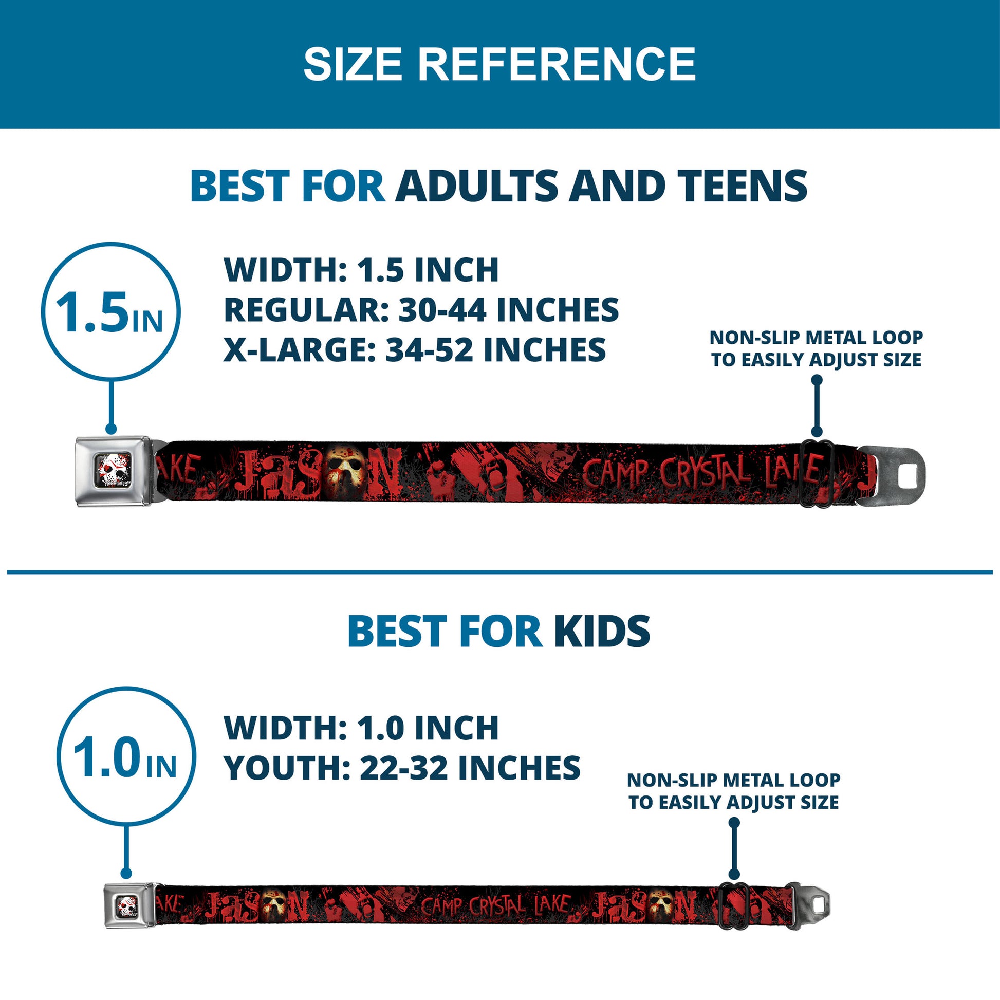 FRIDAY THE 13th/Jason Mask 5 Full Color Splatter Black/White/Red Seatbelt Belt - JASON Mask6/CAMP CRYSTAL LAKE/Hand Prints Blood Splatter Black/Reds/Gray Webbing Seatbelt Belts Friday the 13th