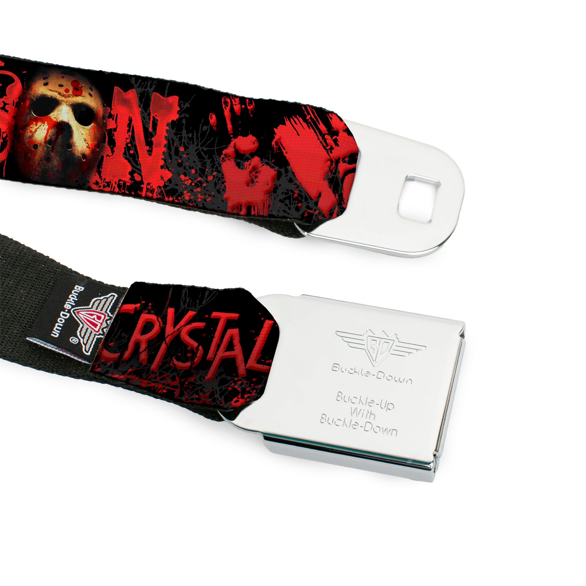 FRIDAY THE 13th/Jason Mask 5 Full Color Splatter Black/White/Red Seatbelt Belt - JASON Mask6/CAMP CRYSTAL LAKE/Hand Prints Blood Splatter Black/Reds/Gray Webbing Seatbelt Belts Friday the 13th