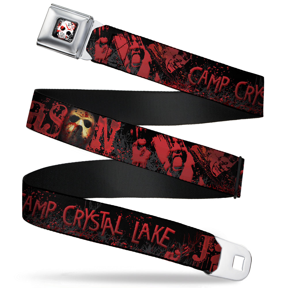 FRIDAY THE 13th/Jason Mask 5 Full Color Splatter Black/White/Red Seatbelt Belt - JASON Mask6/CAMP CRYSTAL LAKE/Hand Prints Blood Splatter Black/Reds/Gray Webbing Seatbelt Belts Friday the 13th
