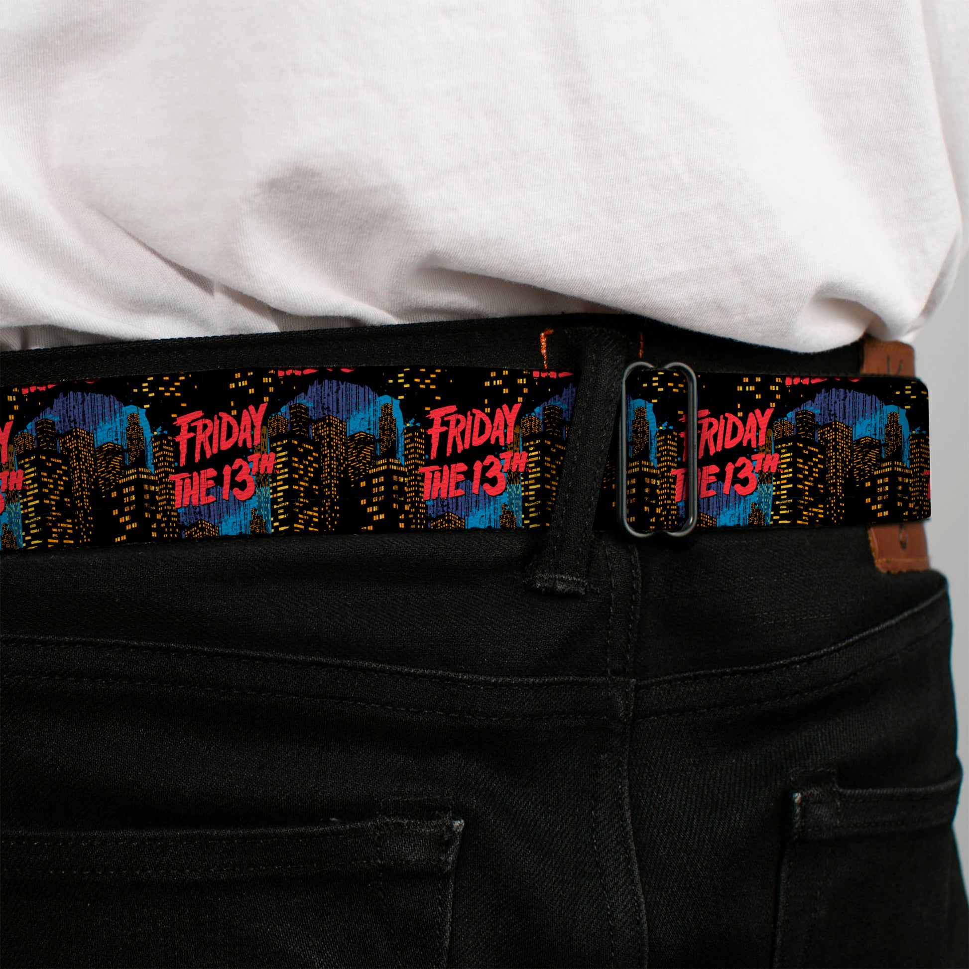 FRIDAY THE 13TH Title Logo Full Color Black/Red/White Seatbelt Belt - FRIDAY THE 13TH Jason Takes Manhattan Skyline Title Logo Black/Blues/Reds Webbing Seatbelt Belts Friday the 13th