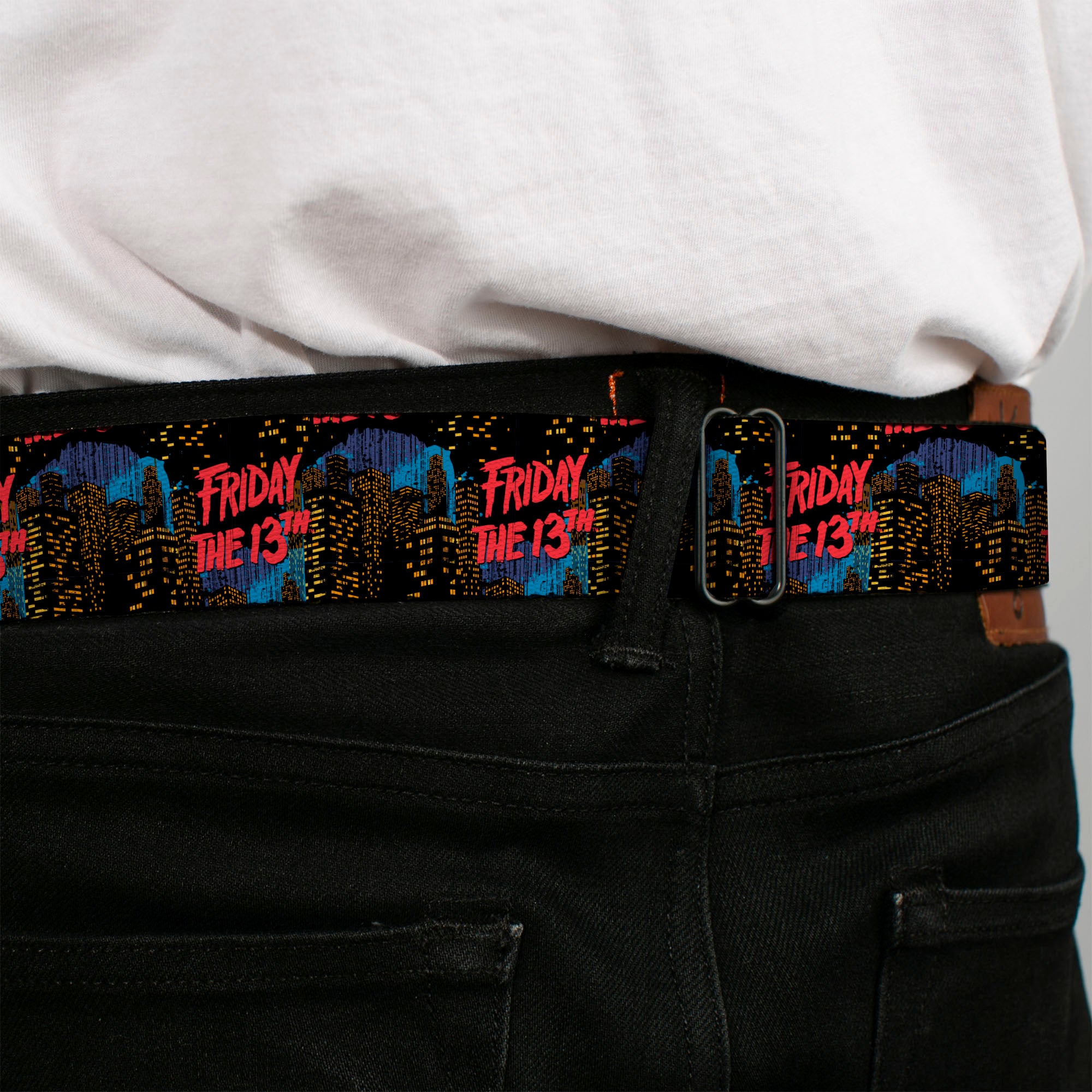 FRIDAY THE 13TH Title Logo Full Color Black/Red/White Seatbelt Belt - FRIDAY THE 13TH Jason Takes Manhattan Skyline Title Logo Black/Blues/Reds Webbing Seatbelt Belts Friday the 13th