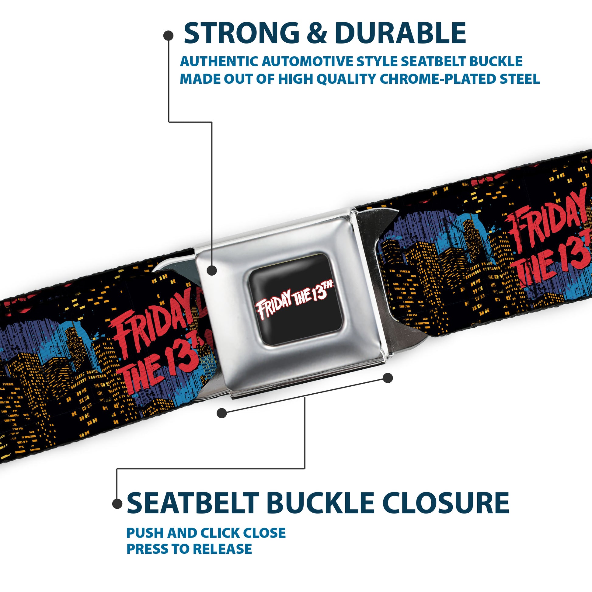 FRIDAY THE 13TH Title Logo Full Color Black/Red/White Seatbelt Belt - FRIDAY THE 13TH Jason Takes Manhattan Skyline Title Logo Black/Blues/Reds Webbing Seatbelt Belts Friday the 13th