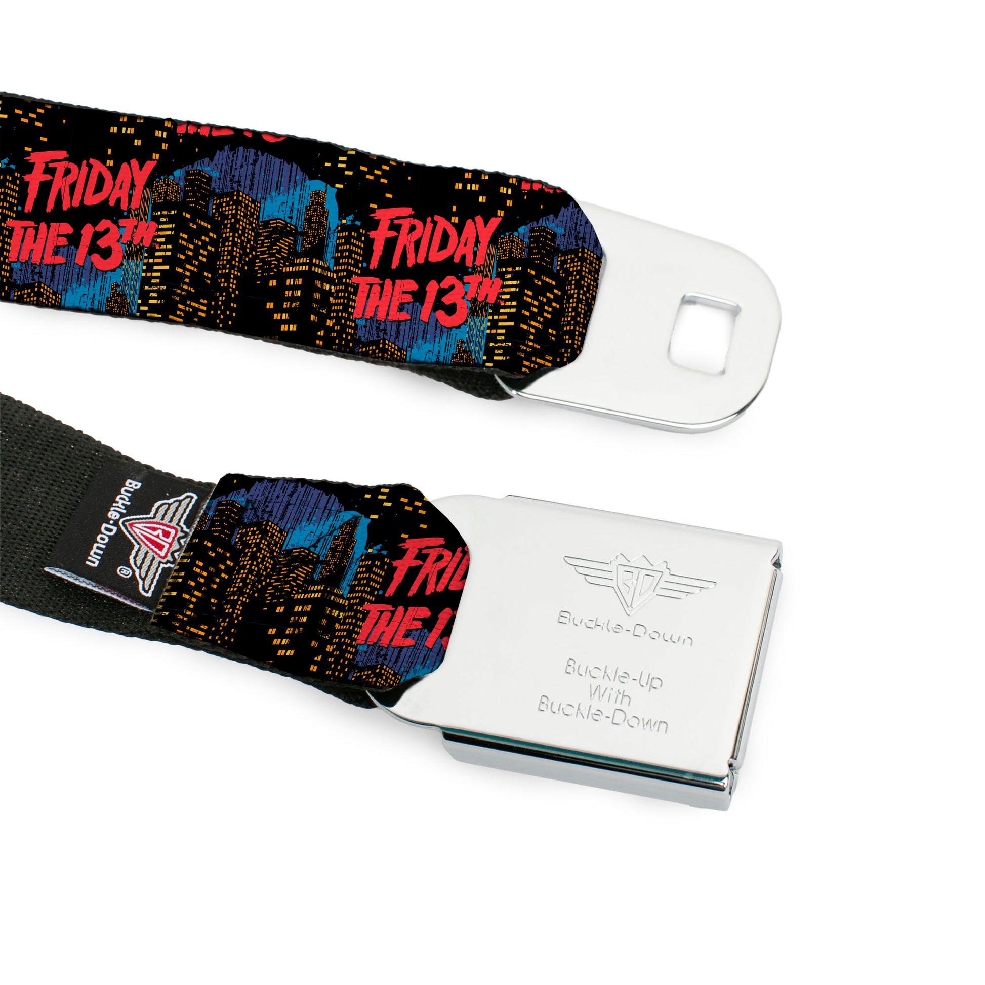 FRIDAY THE 13TH Title Logo Full Color Black/Red/White Seatbelt Belt - FRIDAY THE 13TH Jason Takes Manhattan Skyline Title Logo Black/Blues/Reds Webbing Seatbelt Belts Friday the 13th