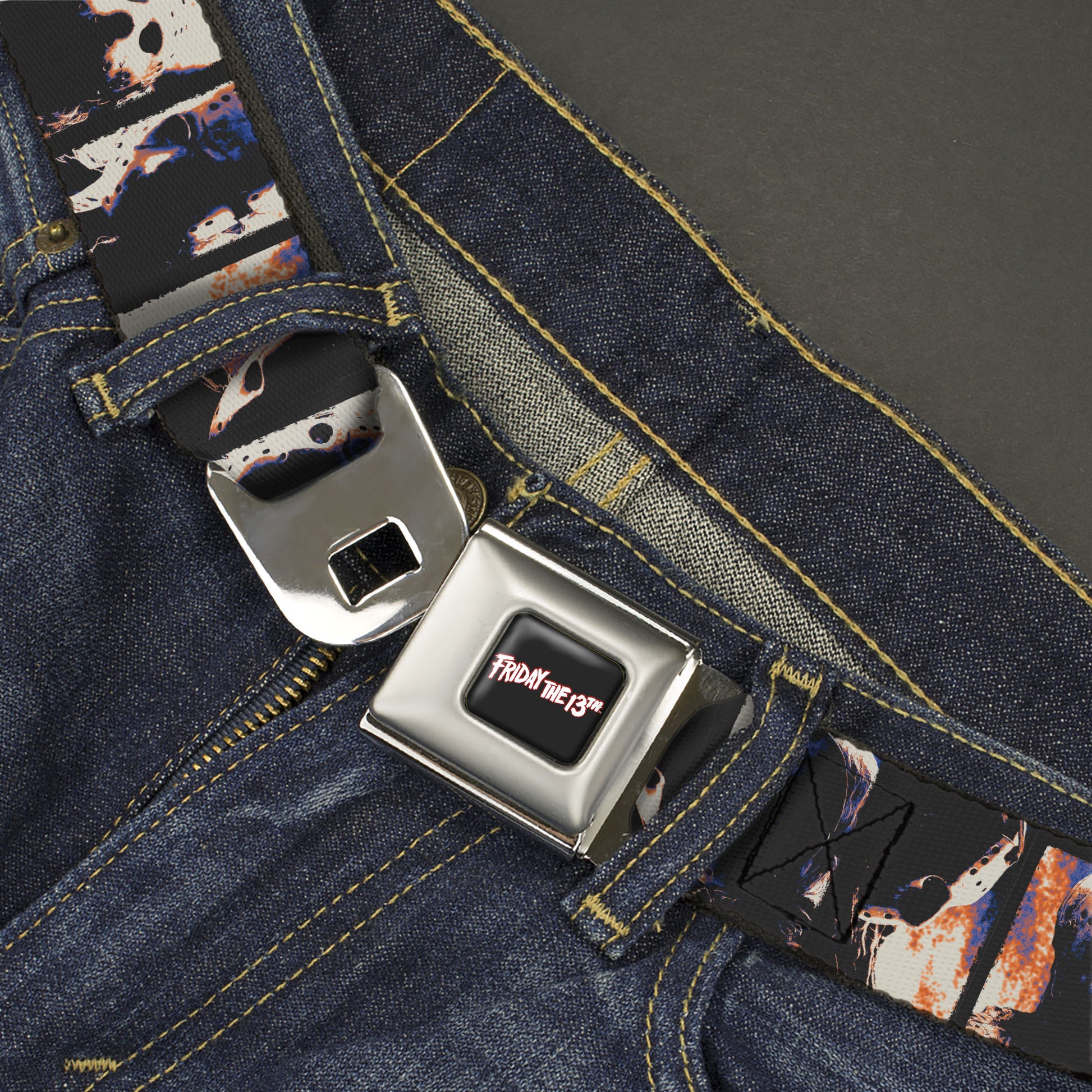 FRIDAY THE 13TH Title Logo Full Color Black/Red/White Seatbelt Belt - Friday the 13th Jacon Hockey Mask Pose Blocks Webbing Seatbelt Belts Friday the 13th