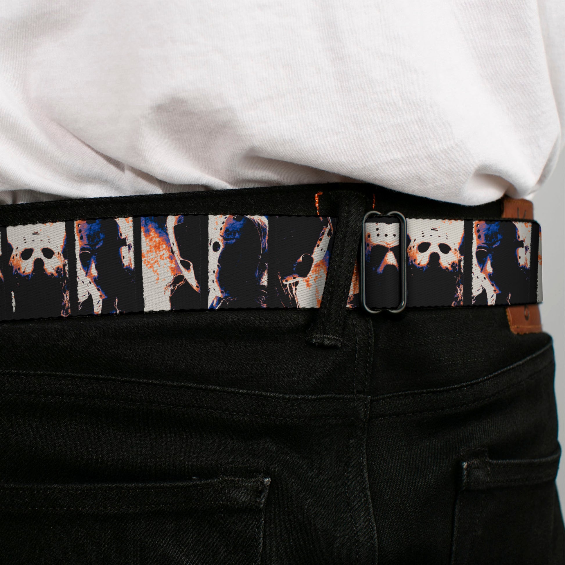 FRIDAY THE 13TH Title Logo Full Color Black/Red/White Seatbelt Belt - Friday the 13th Jacon Hockey Mask Pose Blocks Webbing Seatbelt Belts Friday the 13th