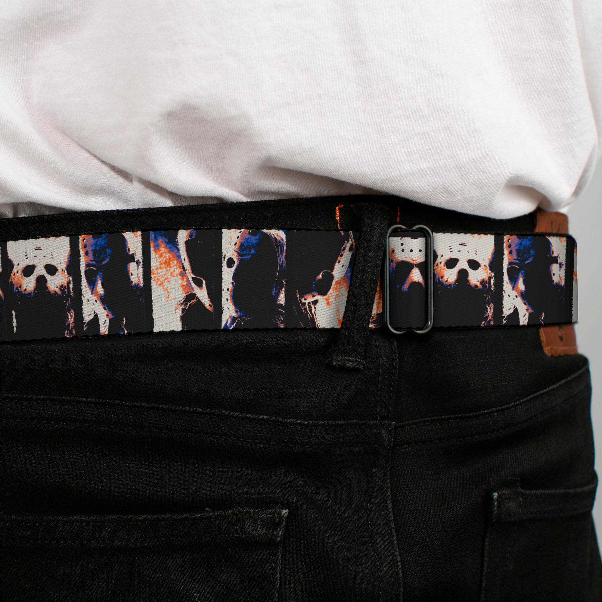 FRIDAY THE 13TH Title Logo Full Color Black/Red/White Seatbelt Belt - Friday the 13th Jacon Hockey Mask Pose Blocks Webbing Seatbelt Belts Friday the 13th