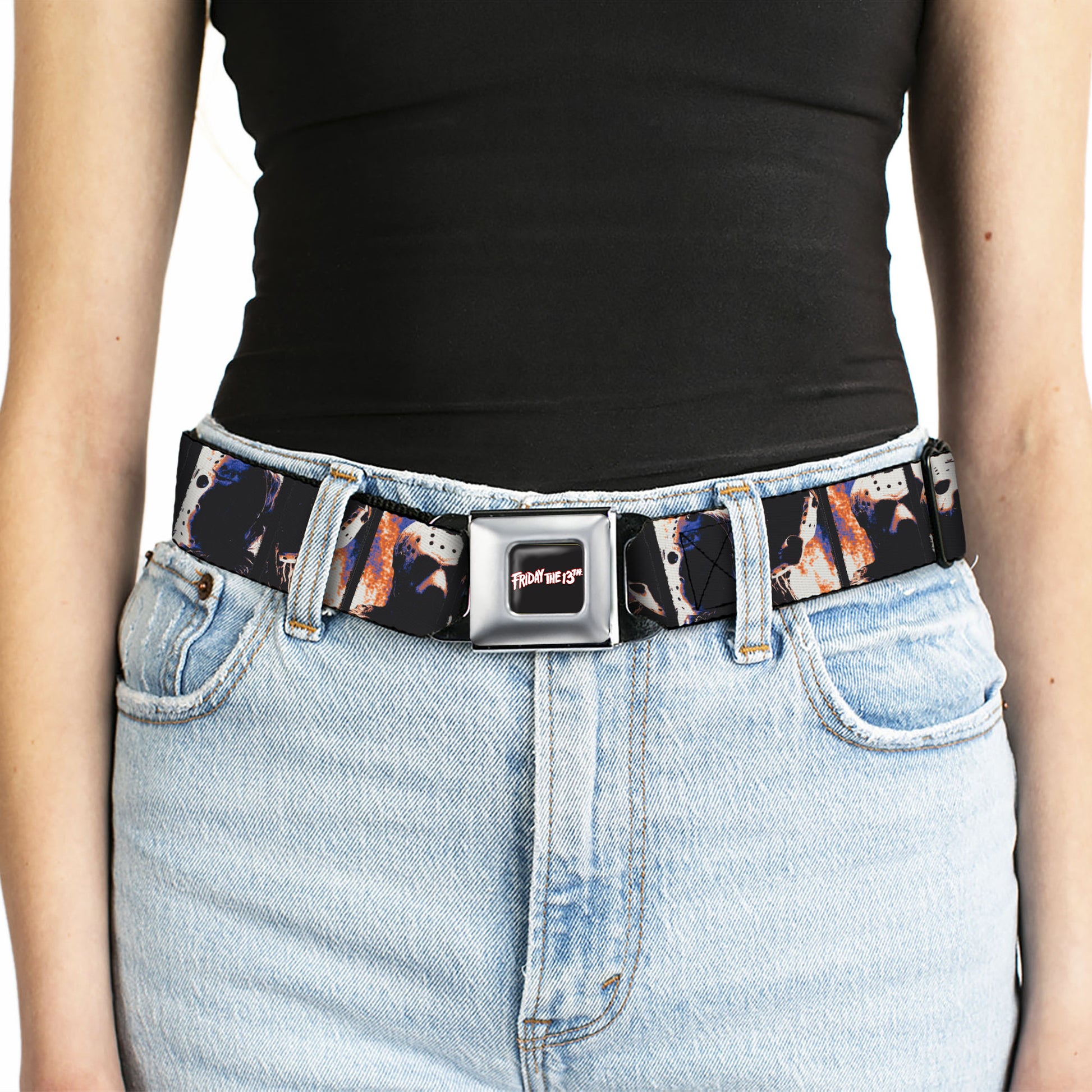 FRIDAY THE 13TH Title Logo Full Color Black/Red/White Seatbelt Belt - Friday the 13th Jacon Hockey Mask Pose Blocks Webbing Seatbelt Belts Friday the 13th