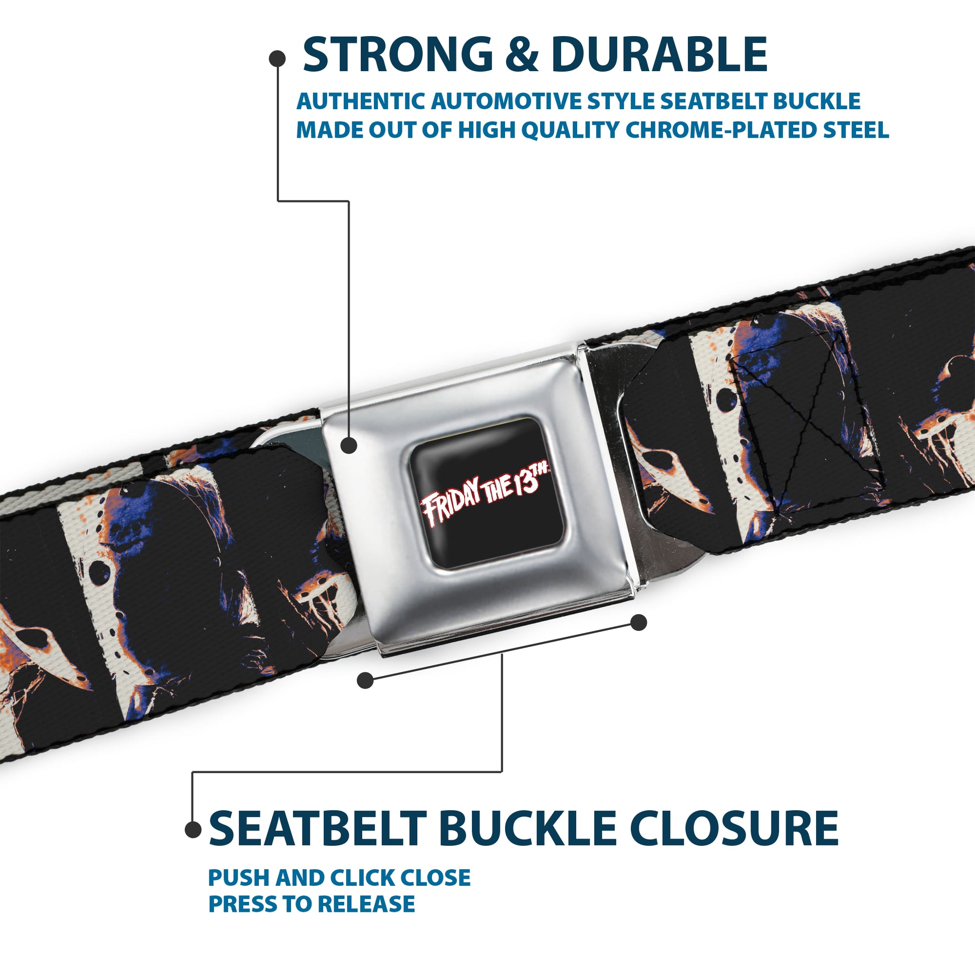 FRIDAY THE 13TH Title Logo Full Color Black/Red/White Seatbelt Belt - Friday the 13th Jacon Hockey Mask Pose Blocks Webbing Seatbelt Belts Friday the 13th