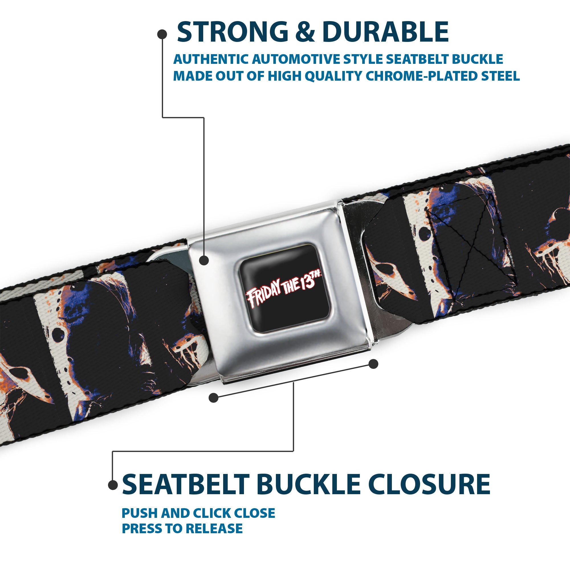 FRIDAY THE 13TH Title Logo Full Color Black/Red/White Seatbelt Belt - Friday the 13th Jacon Hockey Mask Pose Blocks Webbing Seatbelt Belts Friday the 13th