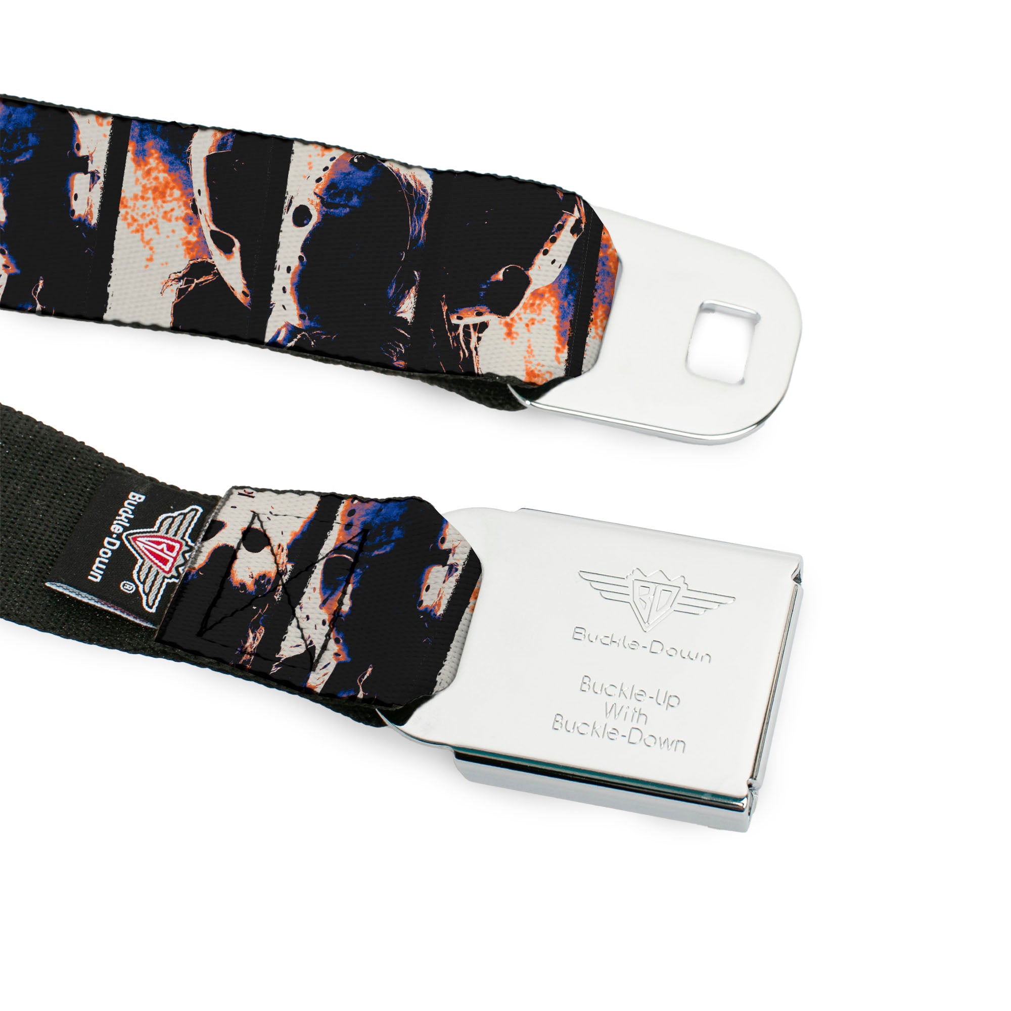 FRIDAY THE 13TH Title Logo Full Color Black/Red/White Seatbelt Belt - Friday the 13th Jacon Hockey Mask Pose Blocks Webbing Seatbelt Belts Friday the 13th