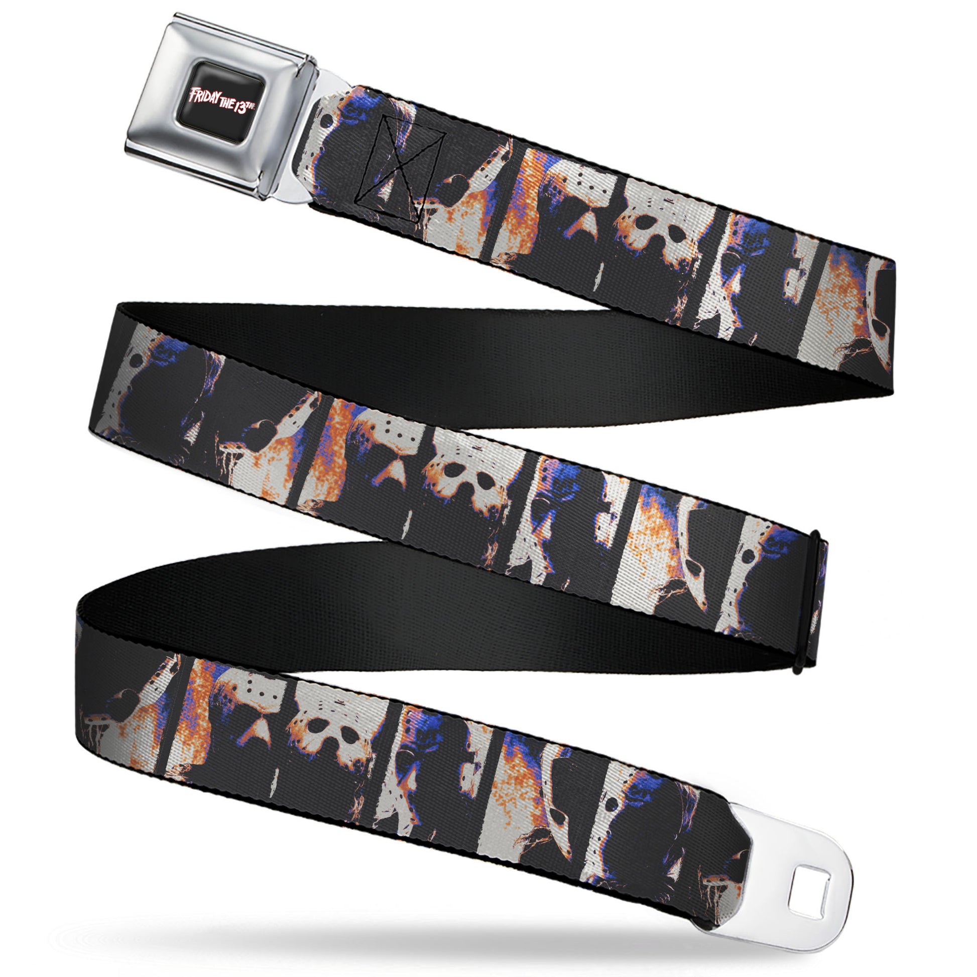 FRIDAY THE 13TH Title Logo Full Color Black/Red/White Seatbelt Belt - Friday the 13th Jacon Hockey Mask Pose Blocks Webbing Seatbelt Belts Friday the 13th